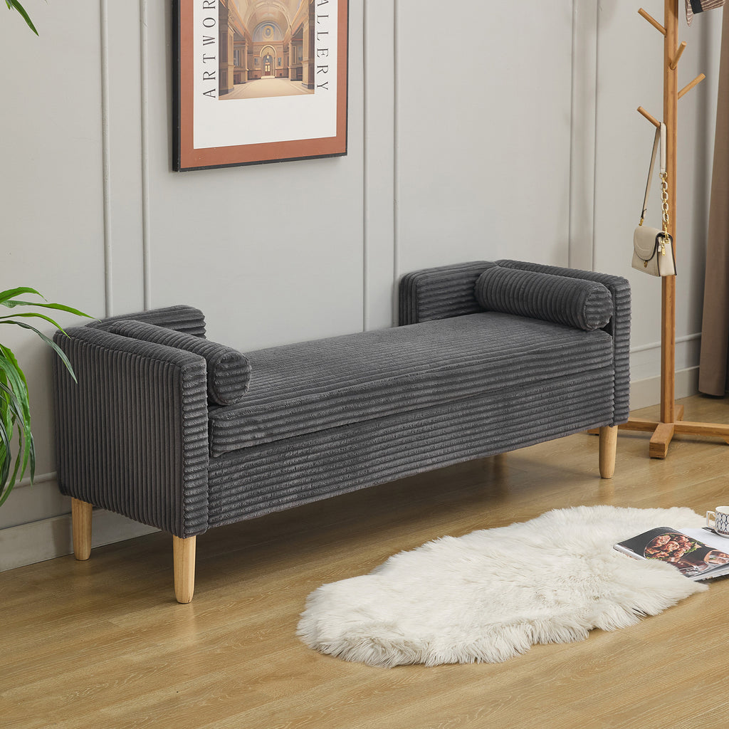 65.35'Wide Upholstered Flip-top Storage Accent Bed Bench, Corduroy Footrest Ottoman with Armrests&Backrest&2 Bolster Pillows Wood Legs for Living Room, End of Bed, Hallway, Entryway Bedroom. Charcoal - Grand Goldman Shop