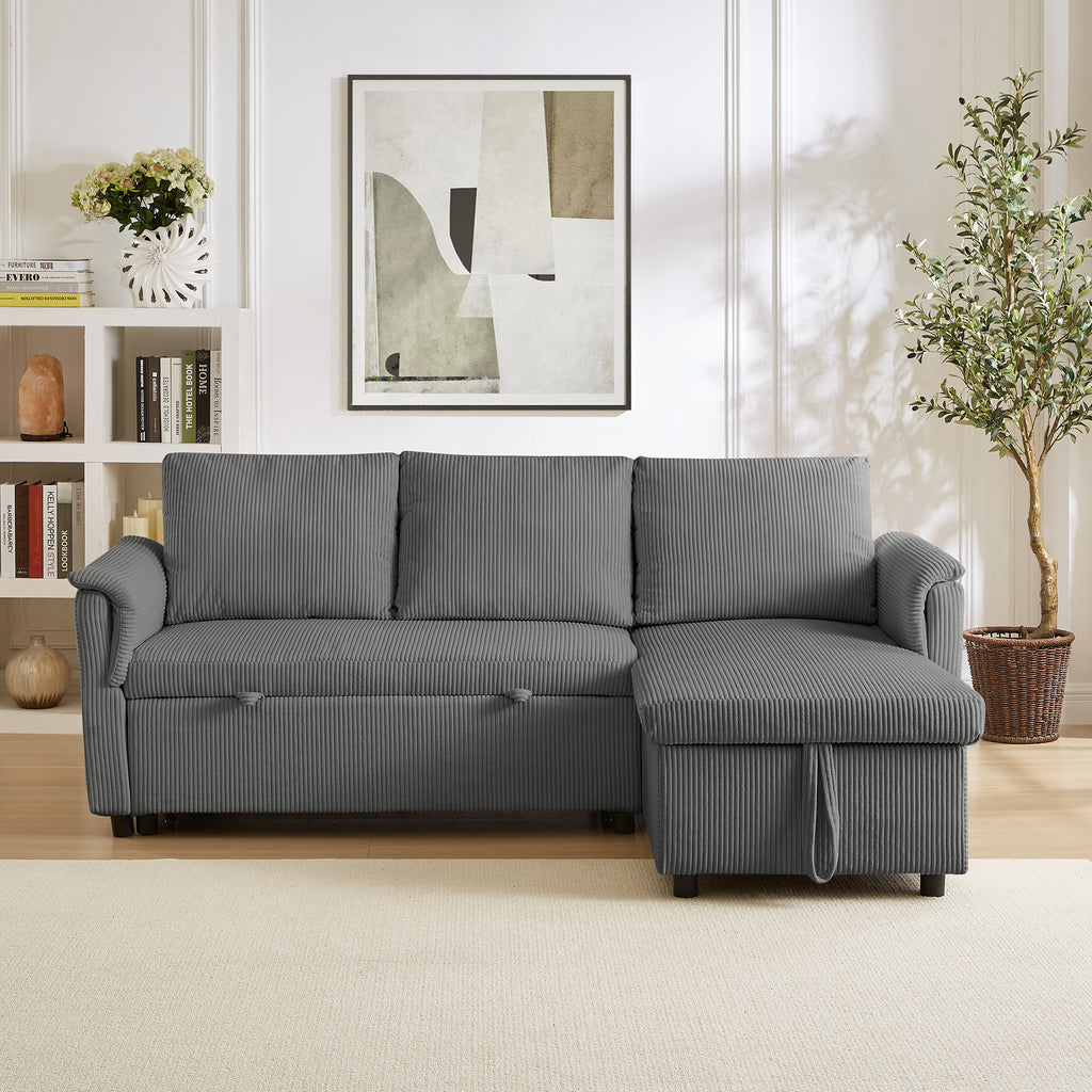 Loveseat Sofa with Chaise Lounge L-Shaped Modular Convertible Sofa with Storage Chaise, Corduroy Tufted Upholstered Sleeper Sectional Sofa,Pull Out Sleep Couch Bed and Reclining Backrest-Gray - Grand Goldman Shop
