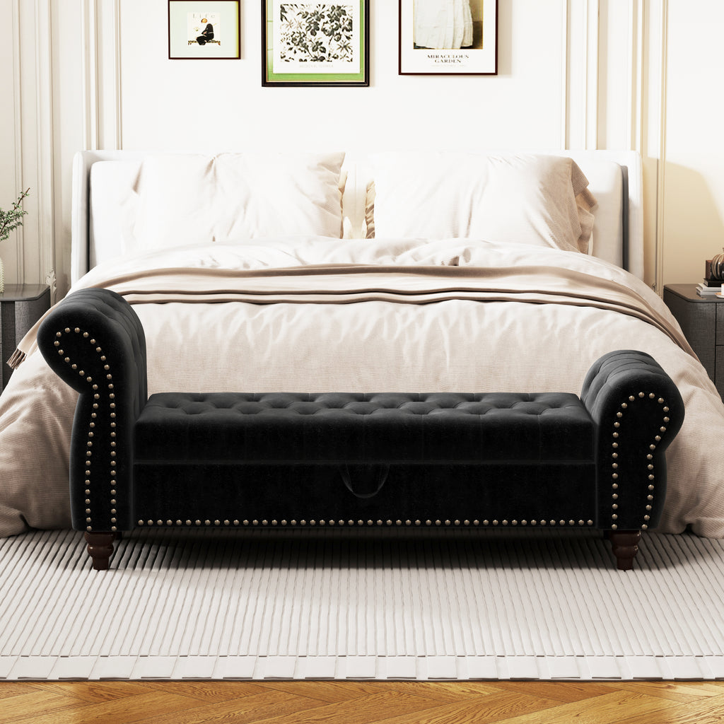 64.5' Bed Bench for Bed Room Nails Tufted Chaise of Lounge with Storage Velvet Upholstery Black - Grand Goldman Shop