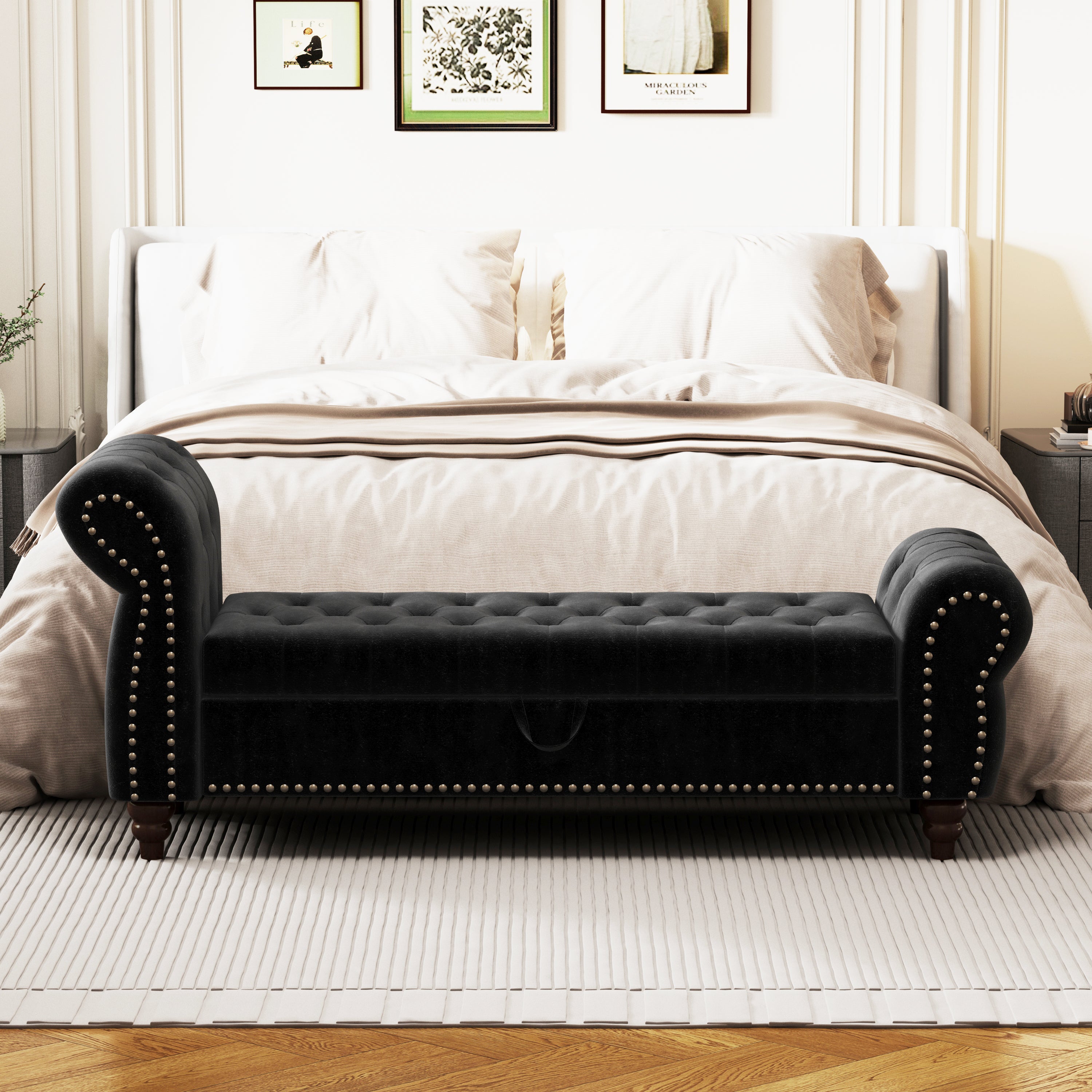 64.5' Bed Bench for Bed Room Nails Tufted Chaise of Lounge with Storage Velvet Upholstery Black - Grand Goldman Shop