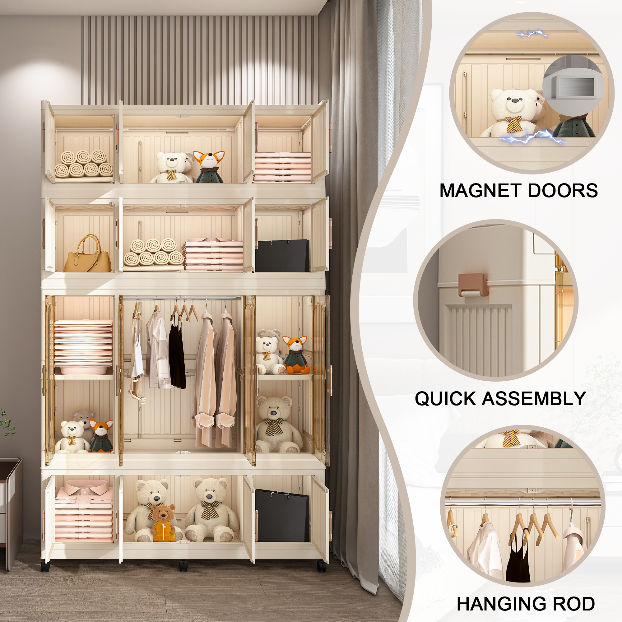 Portable Wardrobe Closet Storage Organizer with 17 Magnetic Doors, 17 Cubes, Hanging Rod & 6 Hangers, Creamy White Polypropylene Closet for Clothes, Baby Items, and Household Storage - Grand Goldman Shop
