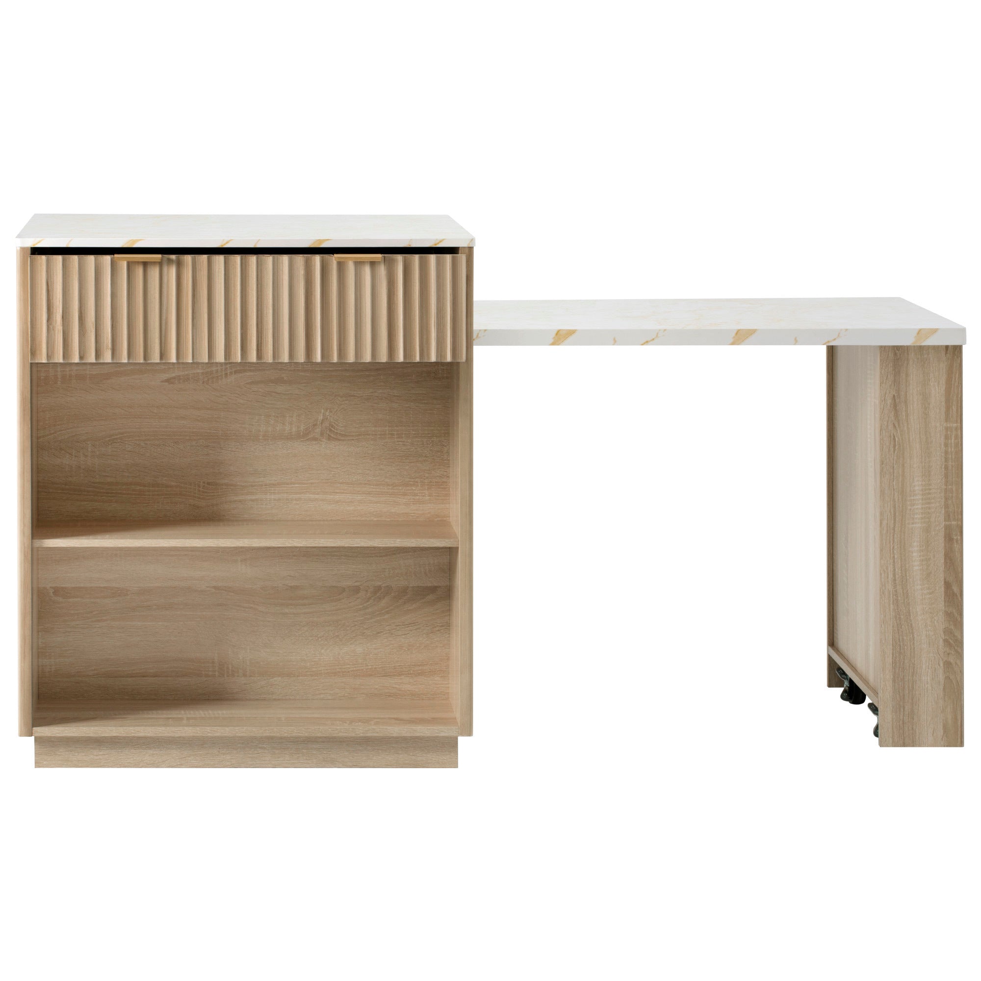 K&K 82.6' Fluted Kitchen Island with Extendable Dining Table for 4-6, Island Table for Kitchen with Power Outlet, Kitchen Table with Double-Side Storage, 2 Drawers 2 Side Open Shelves, Natural - Grand Goldman Shop
