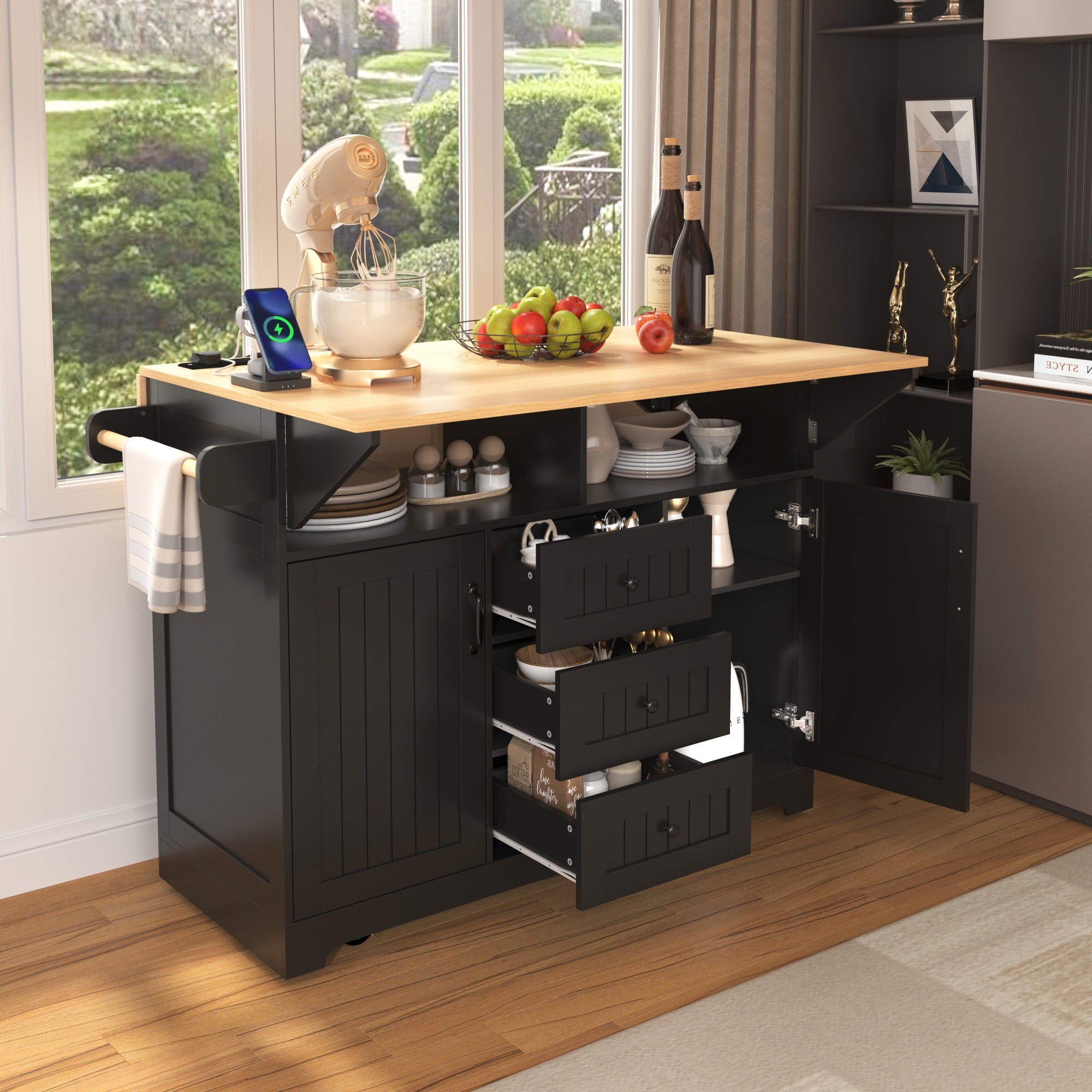 K&K 55.7'' Large Kitchen Island with 2 Drop Leaf,, Rolling Kitchen Cart on 5 Wheels with Power Outlet, Folding Storage Dining Table with Spice & Towel Rack , 3 Drawers, for Kitchen, Dining Room,Black - Grand Goldman Shop