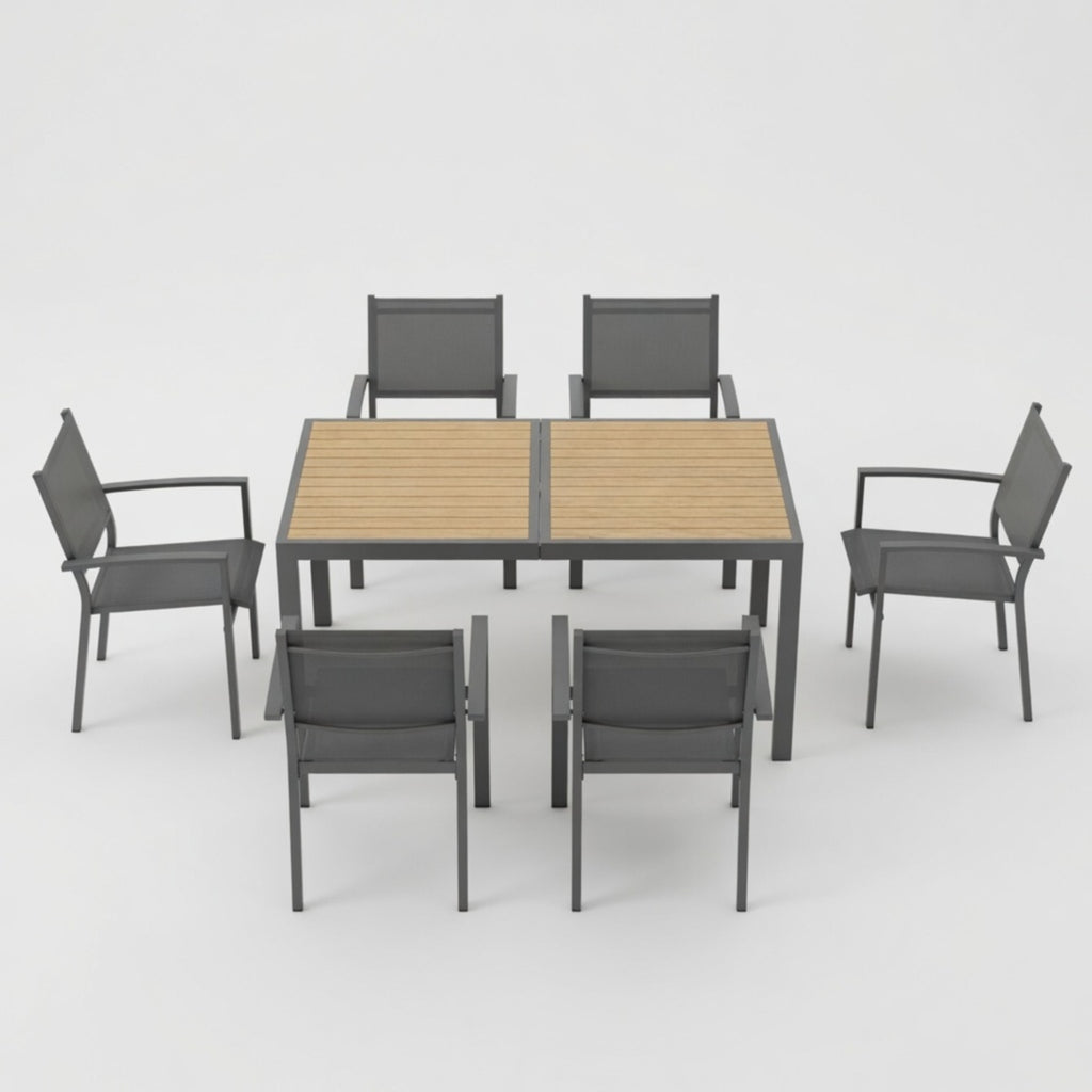 7-teiliges graues Terrassen-Essgruppe mit HDPS-Tisch und Textilene-Stühlen für den Außenbereich, moderne Metallmöbel in grauer Ausführung