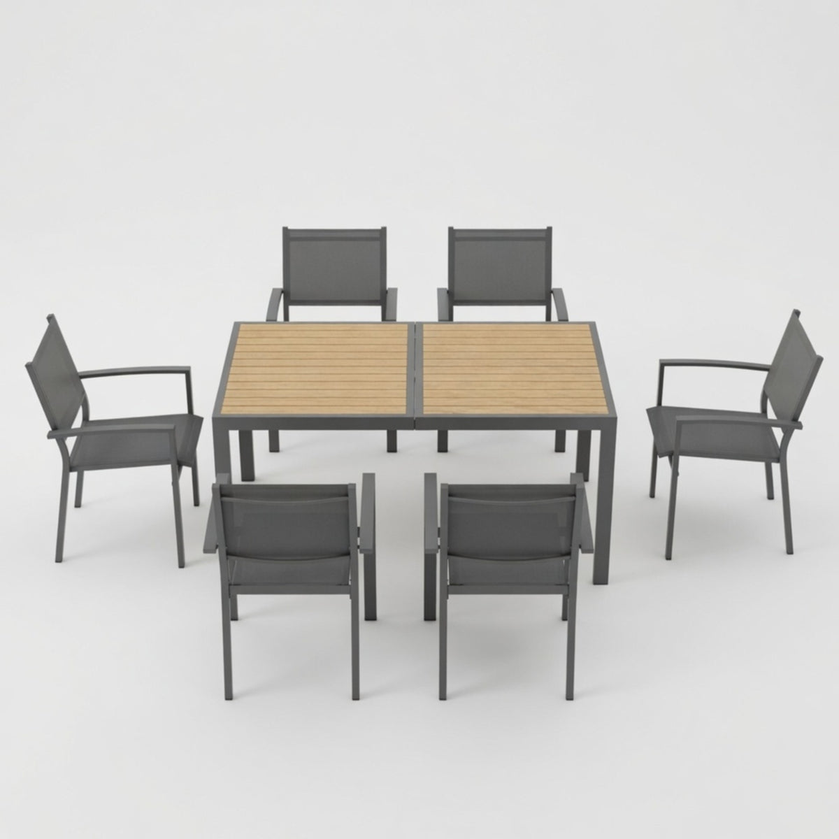 7-teiliges graues Terrassen-Essgruppe mit HDPS-Tisch und Textilene-Stühlen für den Außenbereich, moderne Metallmöbel in grauer Ausführung