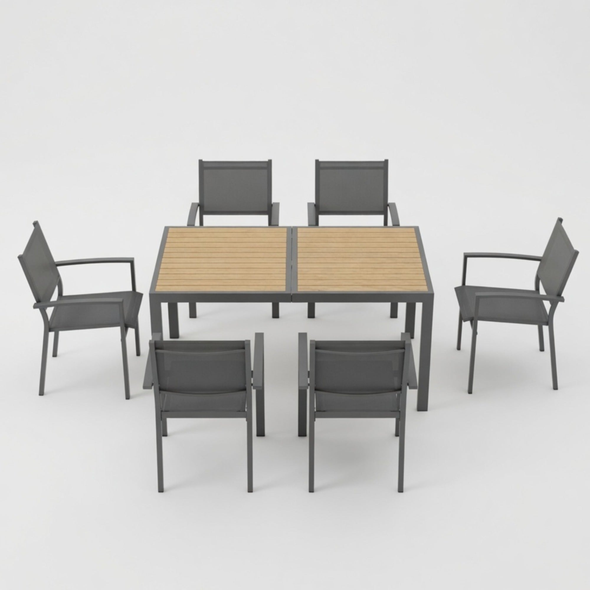 7-teiliges graues Terrassen-Essgruppe mit HDPS-Tisch und Textilene-Stühlen für den Außenbereich, moderne Metallmöbel in grauer Ausführung