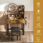 Makeup Vanity Table with LED Lights, 3 Color Options, Power Outlet, Brown MDF, 31.5 x 15.75 x 52.36 inches - Grand Goldman Shop
