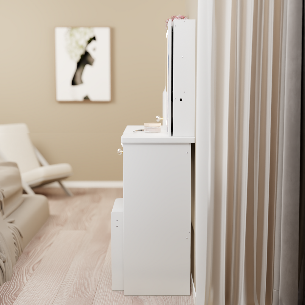 29.2' Small Space Left Drawer Desktop Vanity Table + Cushioned Stool, Extra Large Right sliding mirror, Multi Layer High Capacity Storage, Practical Fashionable Dresser, EPA, GCC, UL Certificate - Grand Goldman Shop