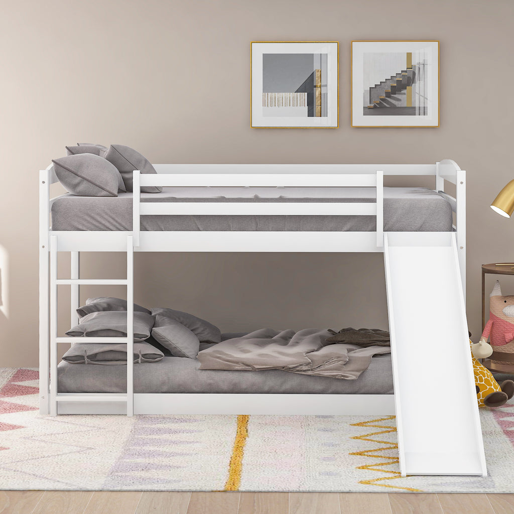 White Twin over Twin Bunk Bed with Convertible Slide and Ladder, Pine Wood and MDF, 79.3''L x 84.4''W x 46.5''H - Grand Goldman Shop