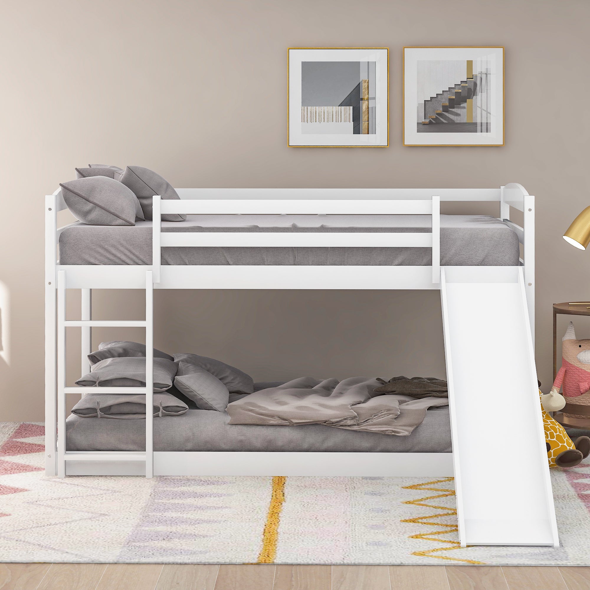 White Twin over Twin Bunk Bed with Convertible Slide and Ladder, Pine Wood and MDF, 79.3''L x 84.4''W x 46.5''H - Grand Goldman Shop