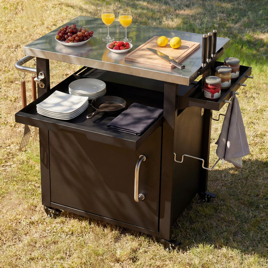 K&K 39.5' Outdoor Grill Cart with Storage Cabinet, Outdoor Bar Cart Pizza Oven Table with Wheels, Stainless Steel Top, Outdoor Kitchen Island with Spice & Paper Rack for BBQ, Waterproof Cover Included - Grand Goldman Shop
