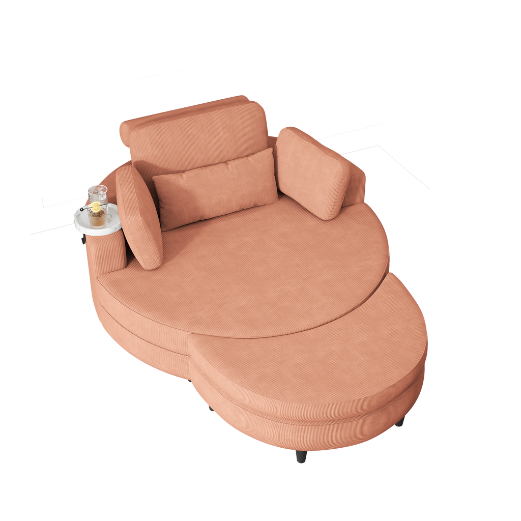 A 51-inch orange corduroy sofa with two throw pillows, a waist pillow and an extra tray is comfortable for a small apartment bedroom - Grand Goldman Shop