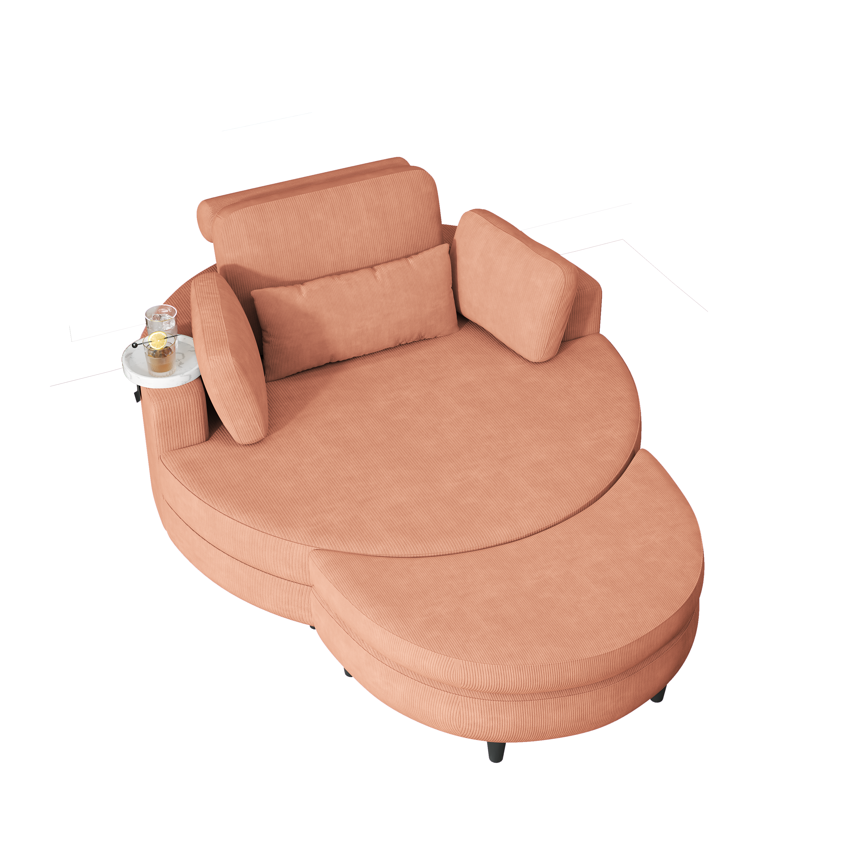 A 51-inch orange corduroy sofa with two throw pillows, a waist pillow and an extra tray is comfortable for a small apartment bedroom - Grand Goldman Shop