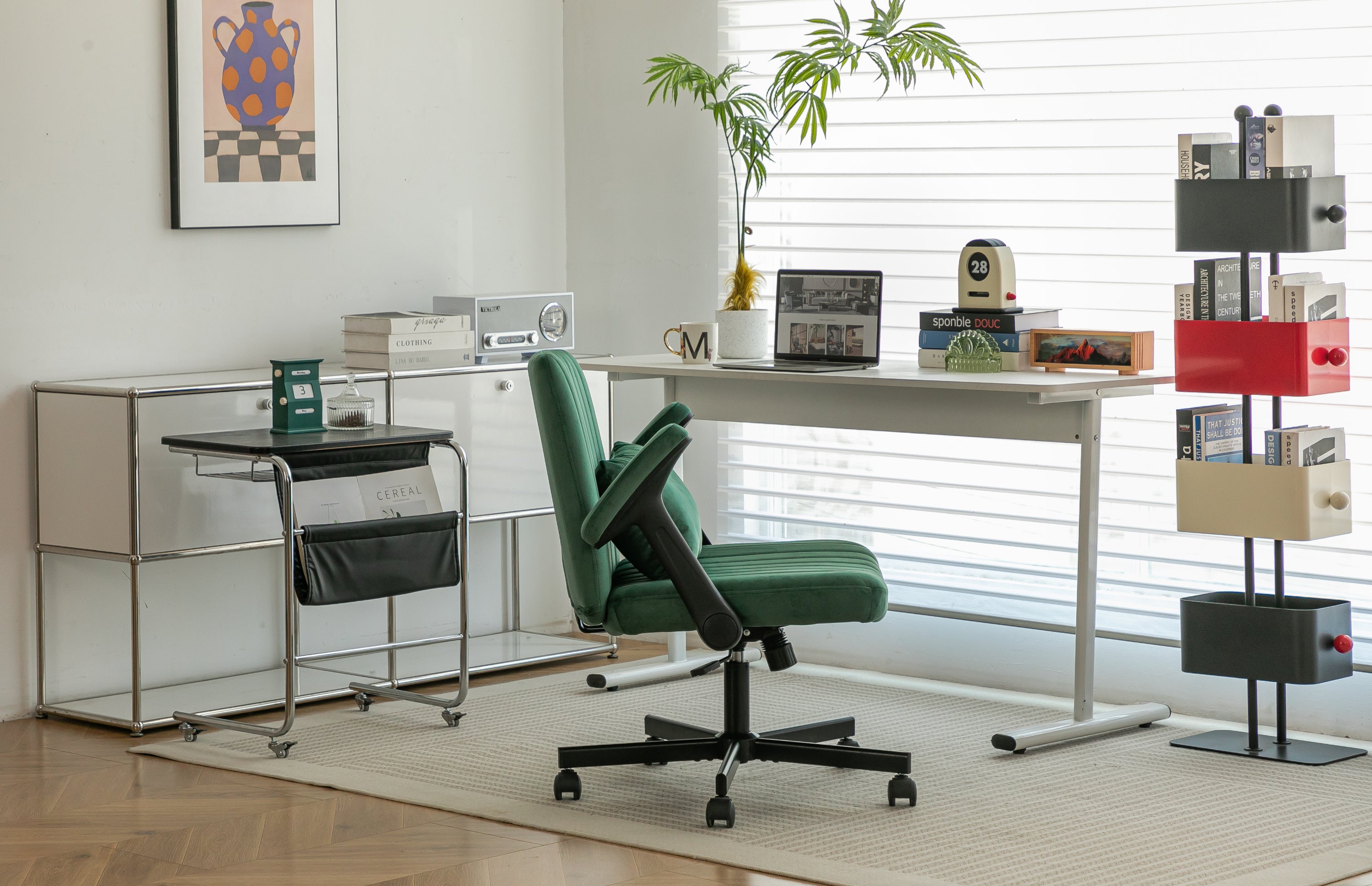 Green Velvet Criss Cross Armrest Office Chair with Wheels - Modern for Home Office, Meditation & Creative Work - Grand Goldma