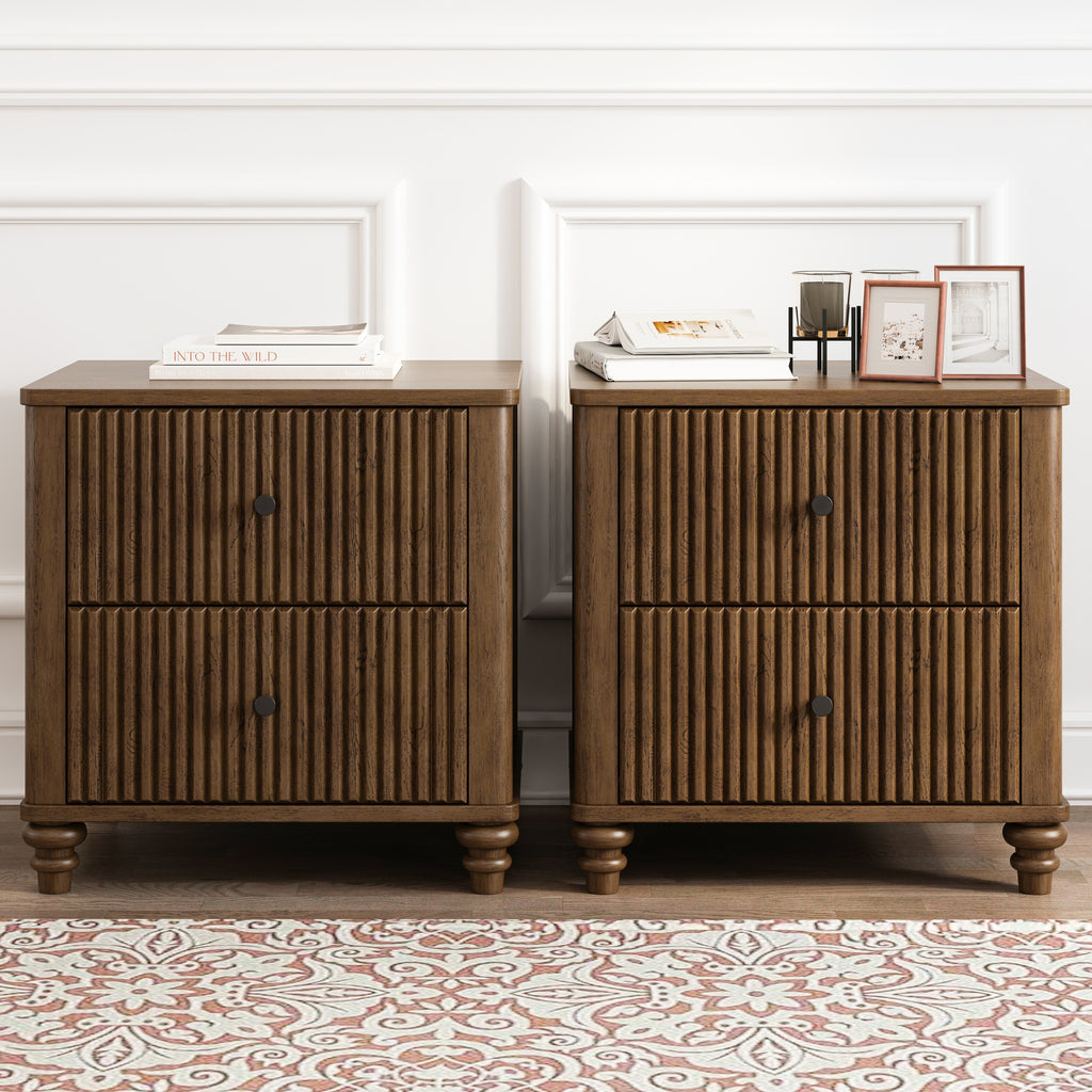 Mid Century Modern Fluted Nightstand 2-Piece Set, 21.65' Wide Wooden Bedside Table with 3 Drawers, Walnut Finish - Grand Goldman Shop