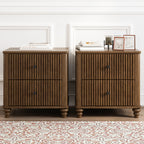 Mid Century Modern Fluted Nightstand 2-Piece Set, 21.65' Wide Wooden Bedside Table with 3 Drawers, Walnut Finish - Grand Goldman Shop