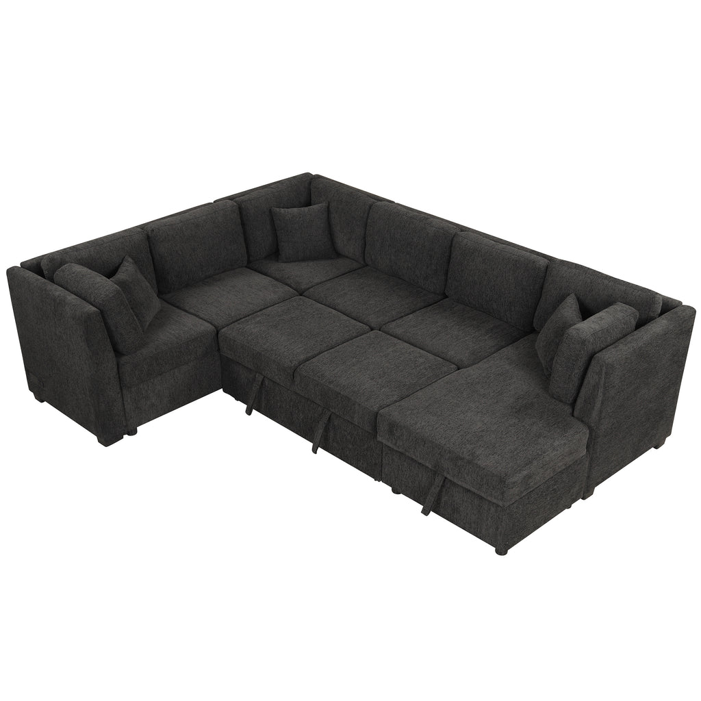 U-shaped Sectional Sofa Pull Out Bed with USB Ports, Power Sockets, Back Pillows & Storage Chaise, Black Chenille, 108.6' - Grand Goldman Shop