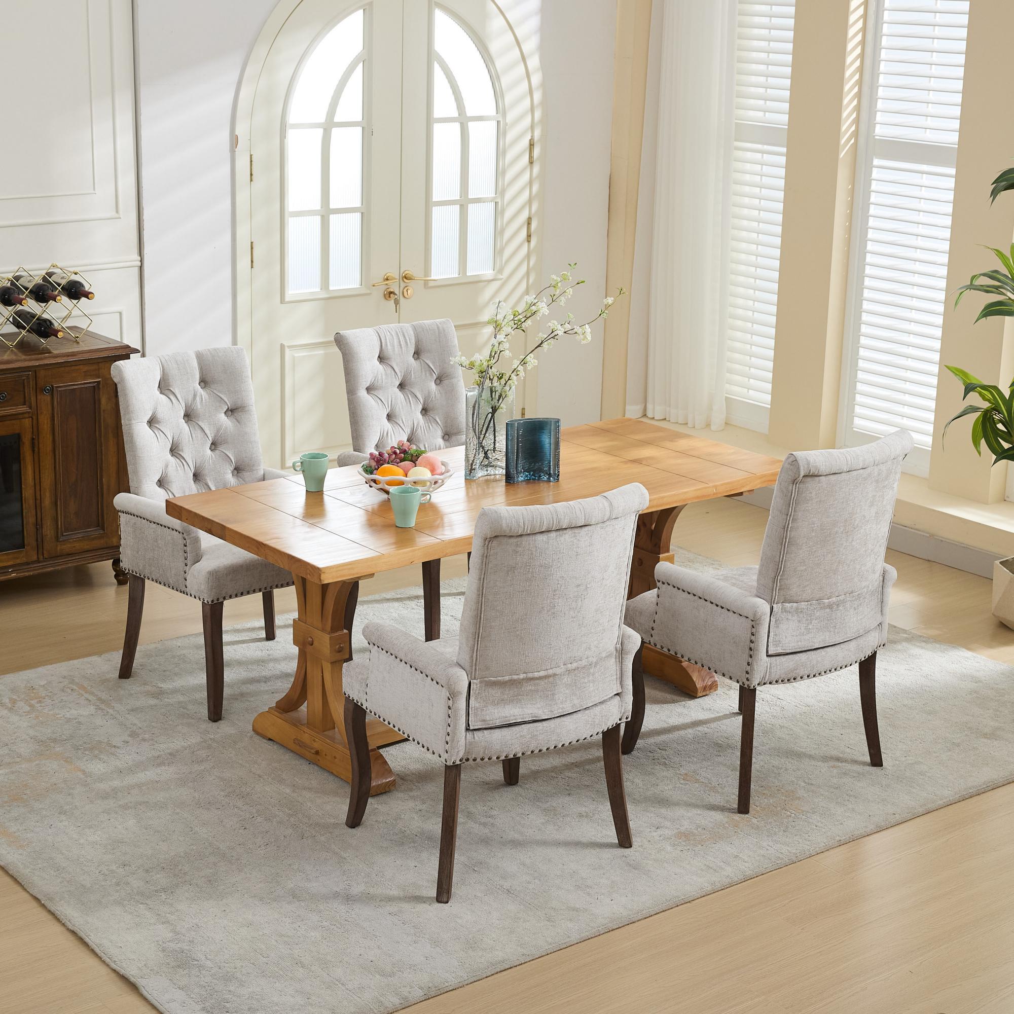 Upholstered Chenille Fabric Accent Dining Chair, Curved Solid Wood Legs, Elegant Tufted Club Dining Room Kitchen Room Arm Dining Chair, Single Pack,Beige,SW1895BG - Grand Goldman Shop