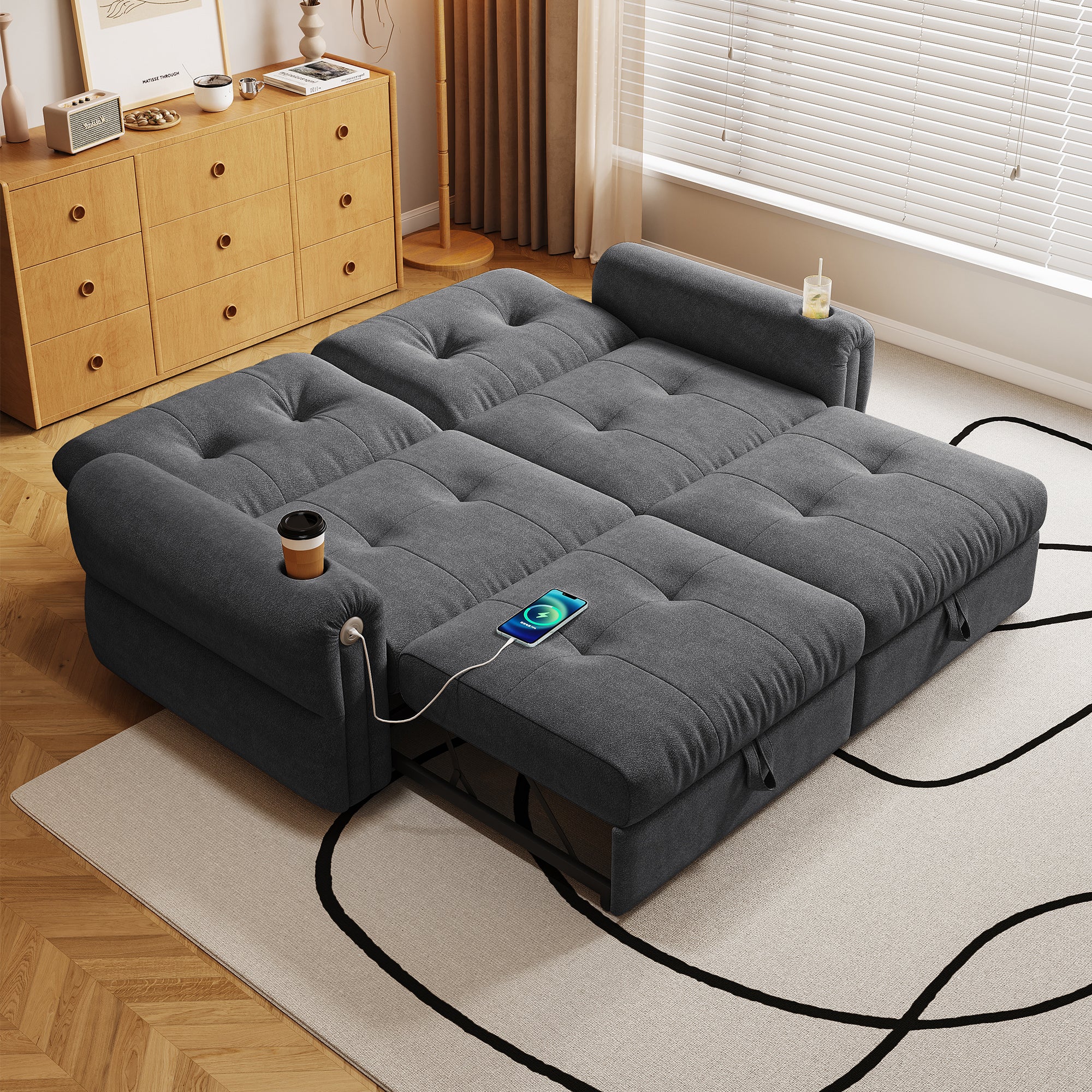 It is a multi-functional sofa, a 77-inch convertible sofa bed, and a 2-in-1 piece suitable for both sitting and lying down. Made of  Chenille fabric, it is suitable for living rooms, bedrooms - Grand Goldman Shop