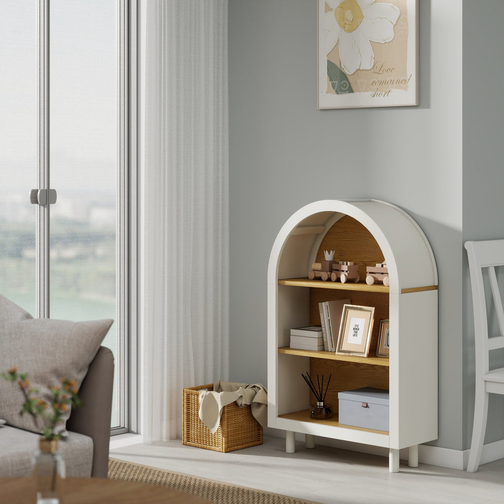 Arched Small Bookcase,Arched Storage Cabinet,Wooden Modern Arched Top Bookshelf with 3 Shelves,White with Woodgrain Shelves, 3-Tier Storage Shelf for Living Room, Bedroom, Entryway - Grand Goldman Shop
