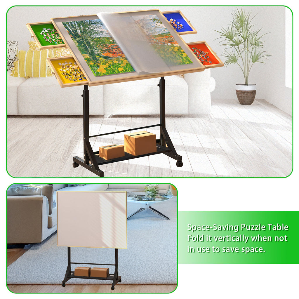 Wooden 1500 Pieces Puzzle Table with Drawer, 35'*27.17' Adjustable Puzzle Table, 360° Tilting Puzzle Table with Legs and Whee