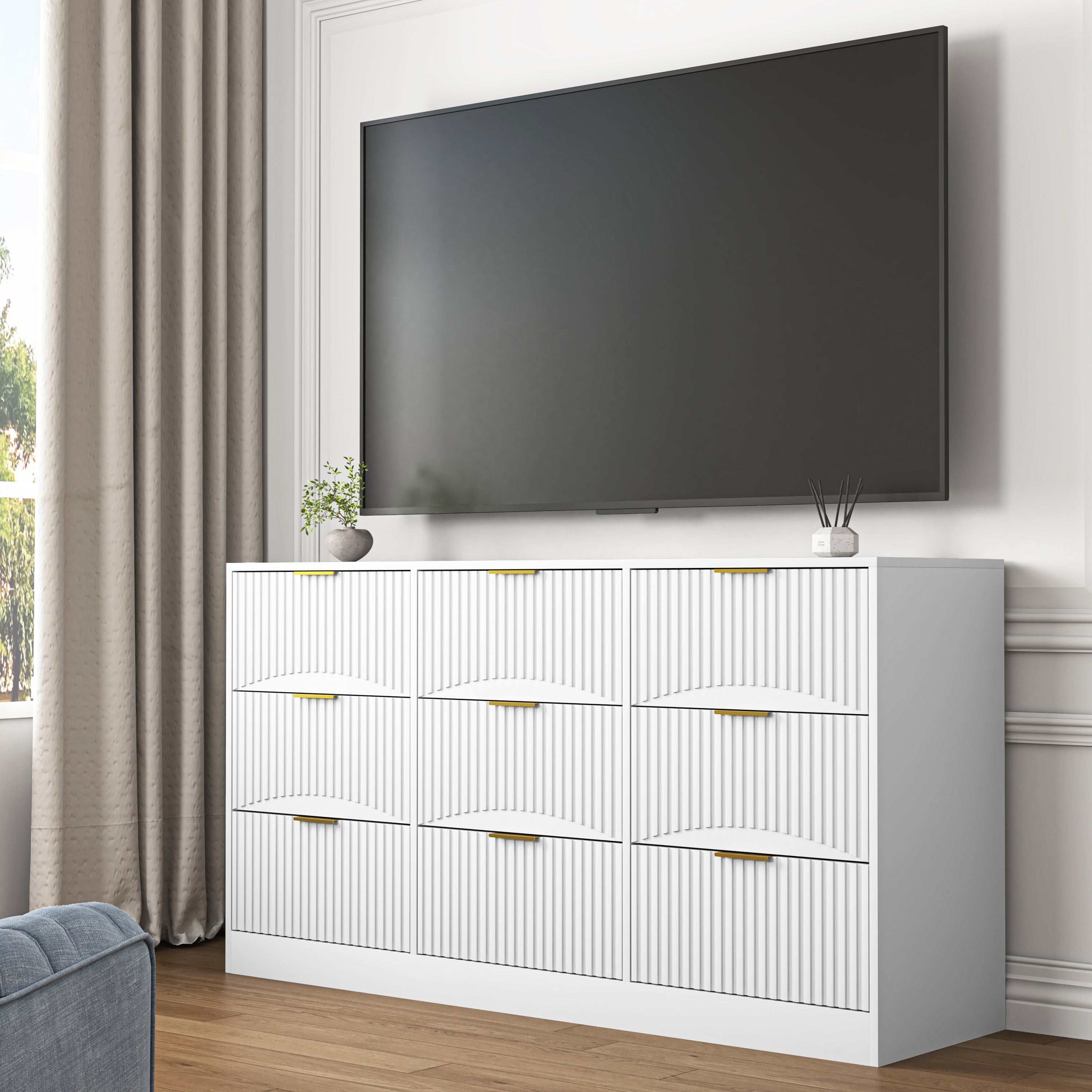 White 9 Drawer Dresser, 63' Large Deep Chest of Drawers, Wooden Dresser Storage Cabinet with 9 Drawers for Bedroom, Long Dressers for Living Room, Hallway, Drawer panel with wavy patterns - Grand Goldman Shop