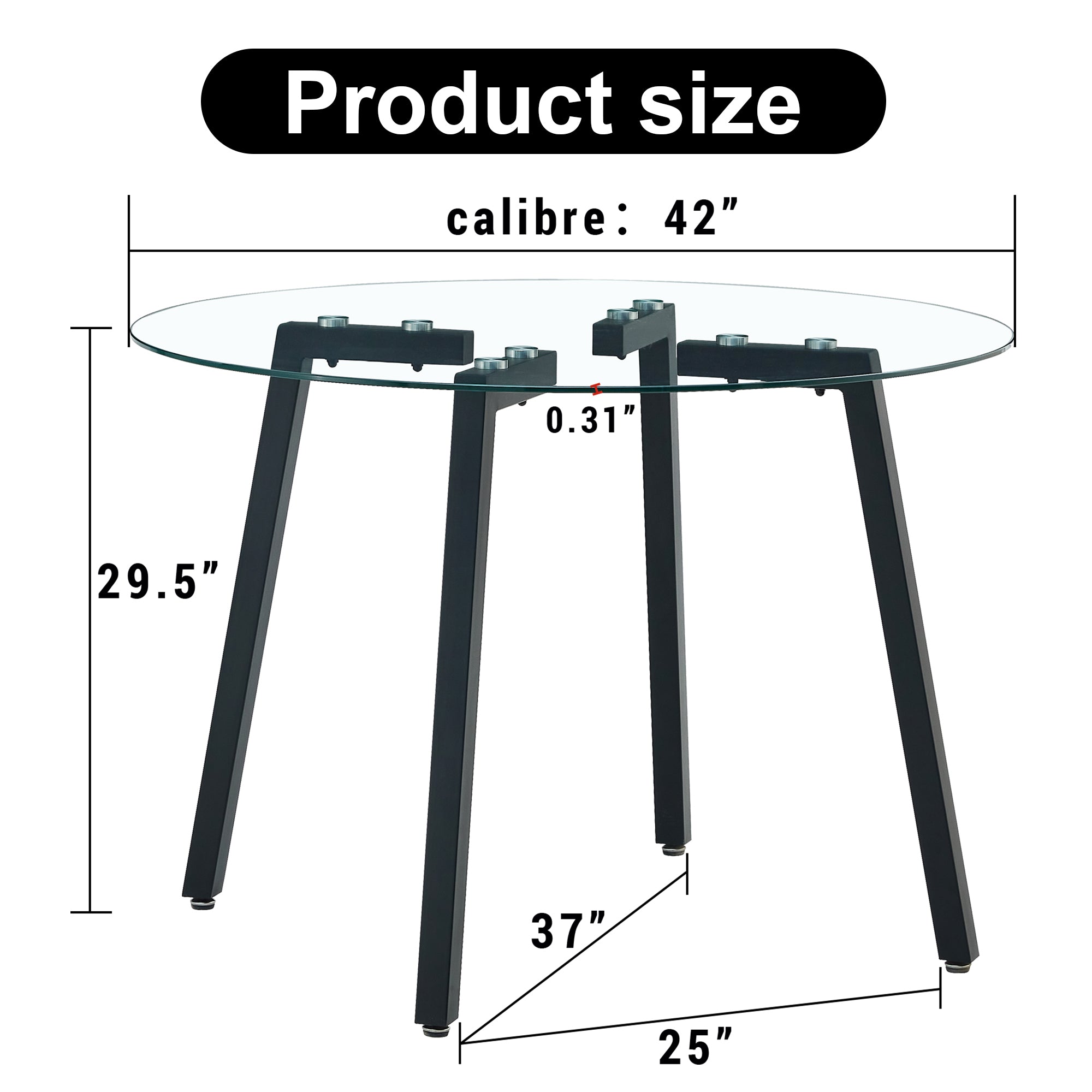 Modern simple style round transparent tempered glass table, tempered glass table top, black metal legs, suitable for kitchen, dining room and living room, 42 '*42' *29.5 '1123r - Grand Goldman Shop