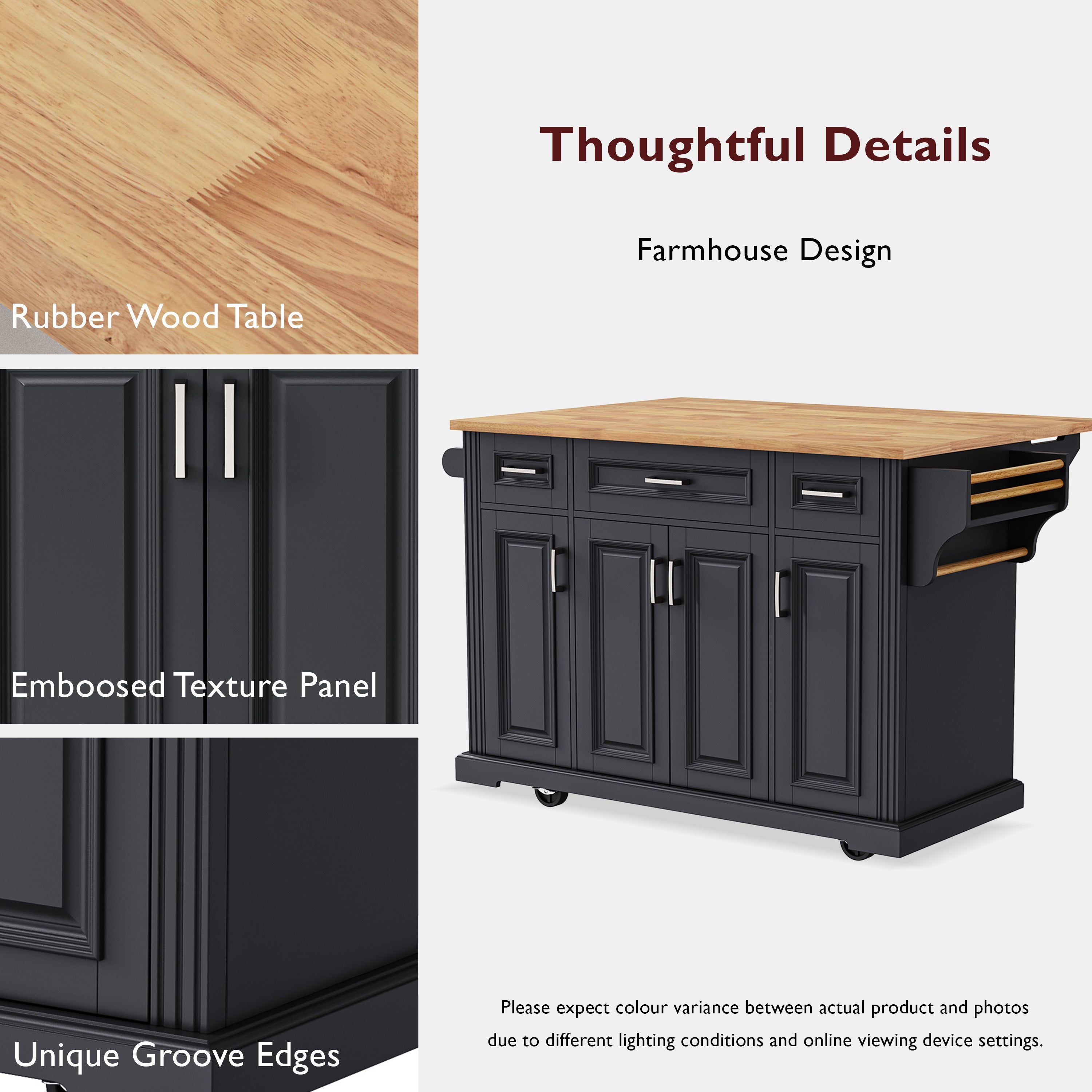 K&K 54inch Large Kitchen Island with Rubber Wood Drop Leaf, Embossed Texture Rolling Kitchen Cart on 4 Wheels with 4 Doors and 3 Drawers, Kitchen Island with Storage for Kitchen, Dining Room,Black - Grand Goldman Shop