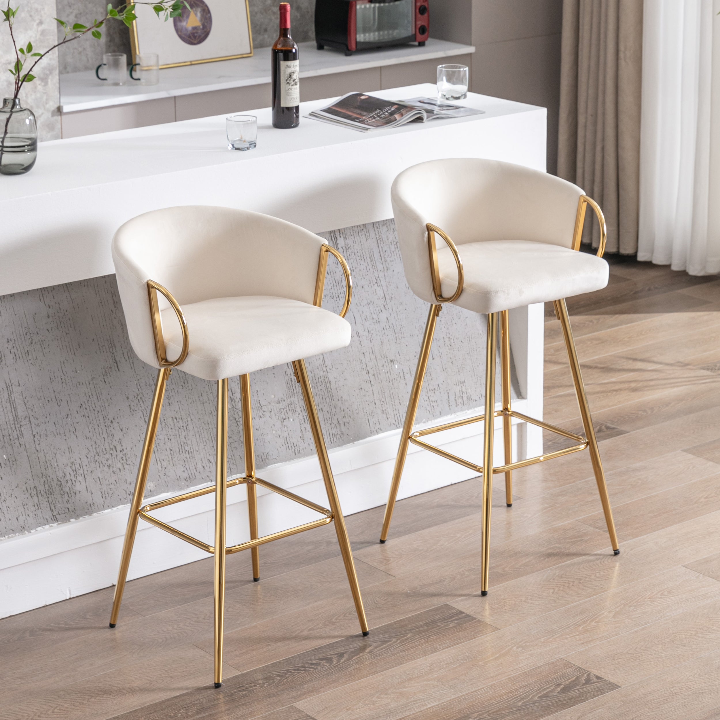 26 Inch Set of 2 Bar Stools,with Chrome Footrest and Base Velvet + Golden Leg Simple Bar Stoo,CREAM - Grand Goldman Shop