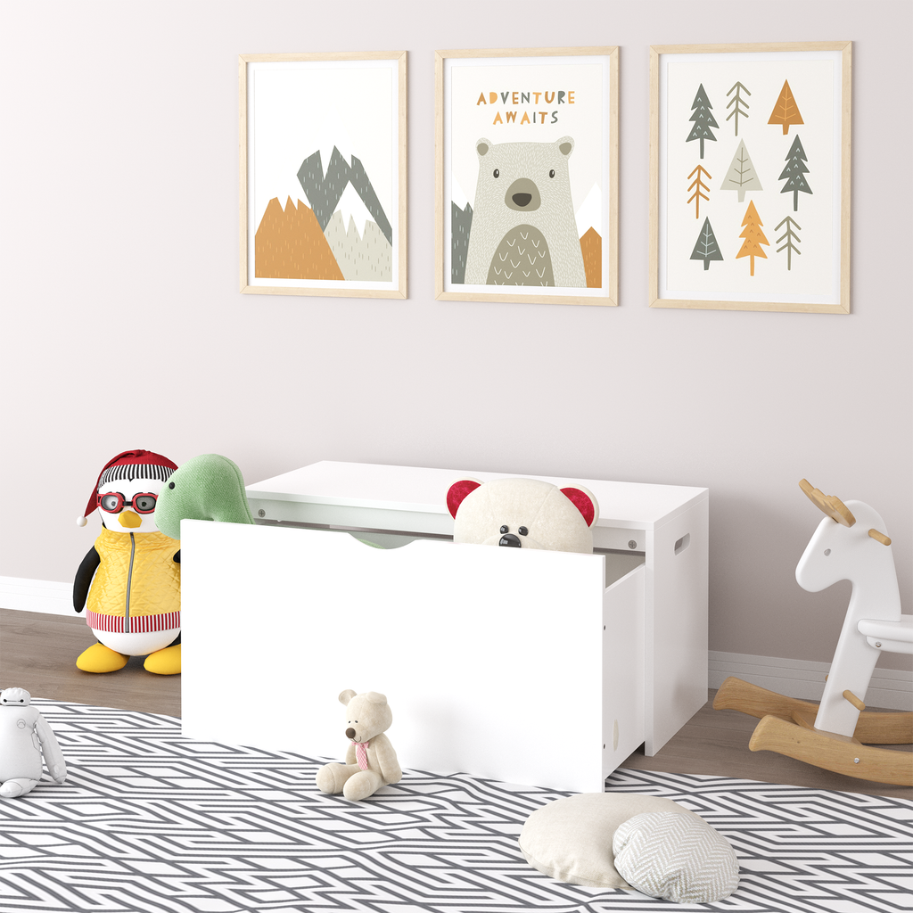 Kids Toy Storage Organizer with Rolling Drawer – Modern White Wooden Toy Chest with Wheels, Large Pull-Out Bin for Nursery, B