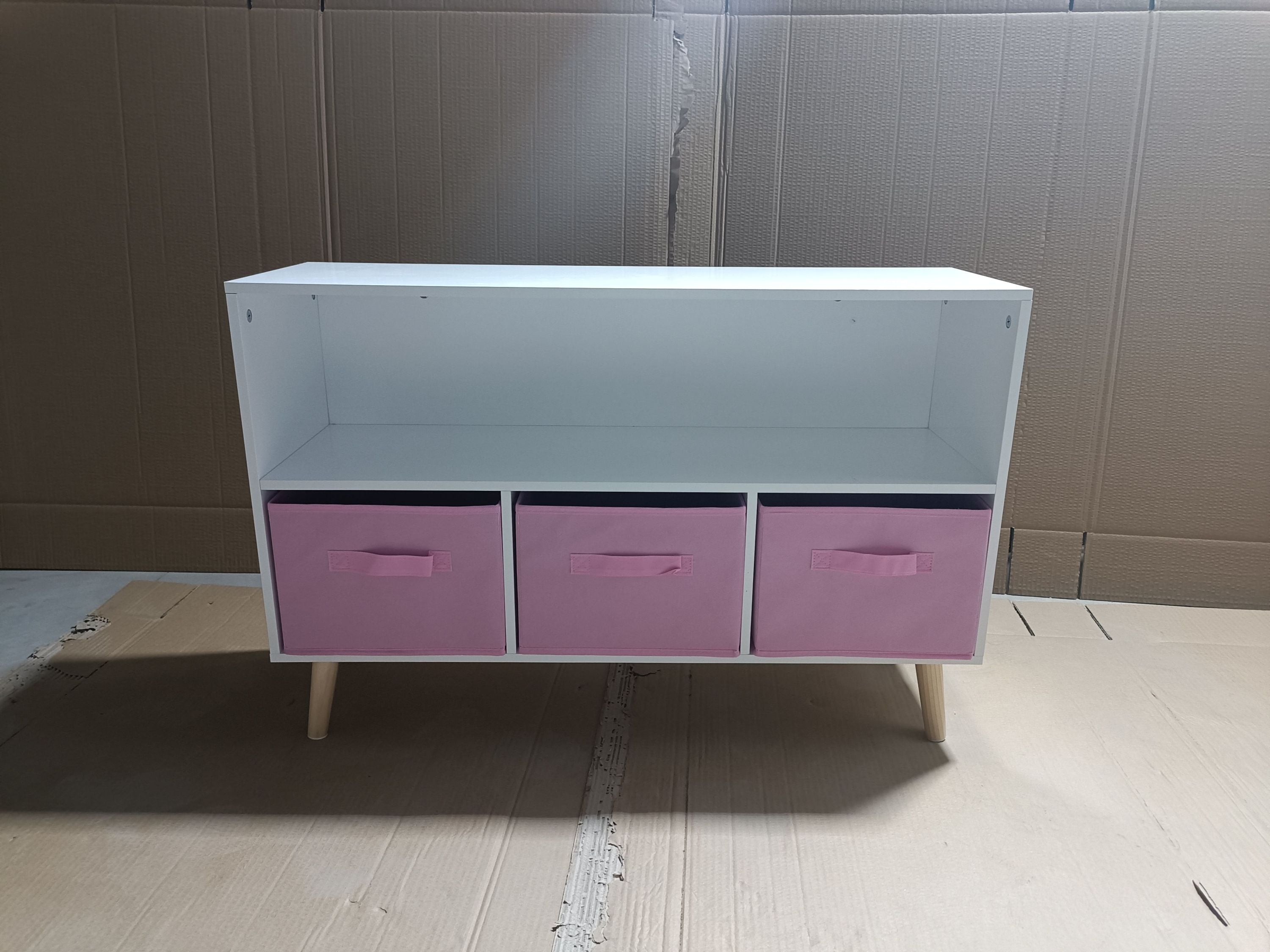 Modern Kids Bookcase with Collapsible Fabric Drawers, Children's Book Display & Toy Storage, White/Pink MDF & Pine Legs - Gra