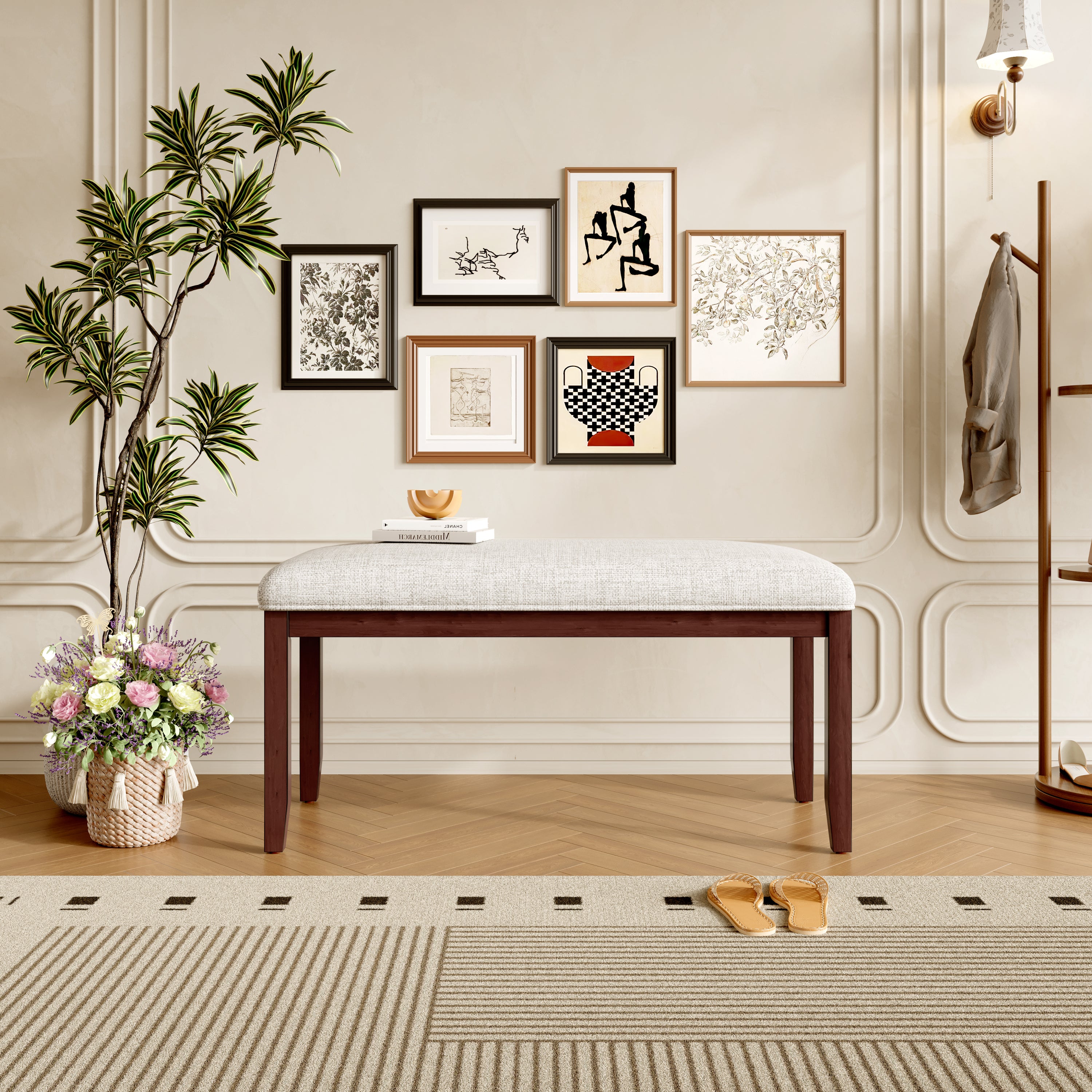 Upholstered Bench for Bedroom End of Bed,38-inch Entryway Bench for Living Room,Dining Bench with Padded Seat and Solid Wood Leg for Kitchen Bedroom,Indoor and Hallway (Bench, Beige+Cherry) - Grand Goldman Shop