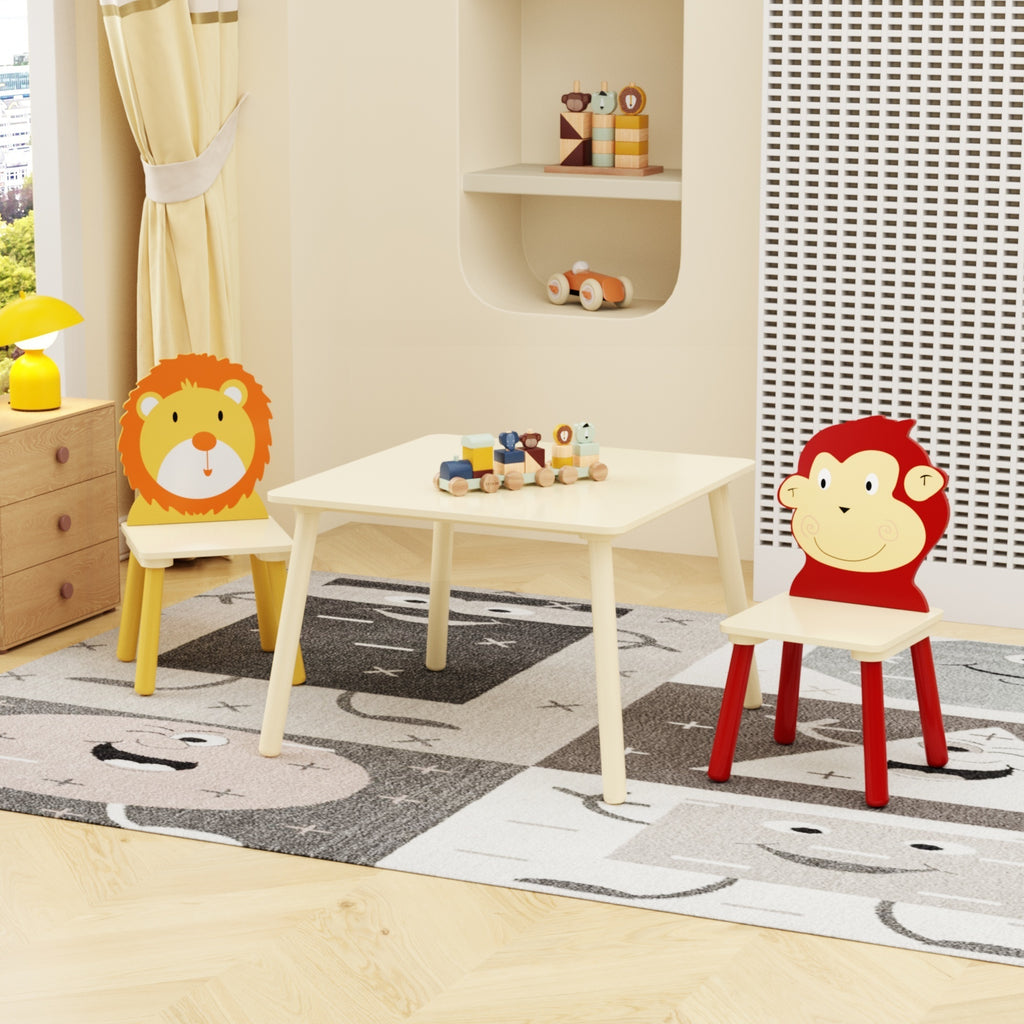 Lion & Monkey Wooden Activity Play Table Set for Kids, 3-Piece Toddler Table and Chair Set in Yellow & Red, Solid Wood & MDF,