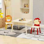 Lion & Monkey Wooden Activity Play Table Set for Kids, 3-Piece Toddler Table and Chair Set in Yellow & Red, Solid Wood & MDF,