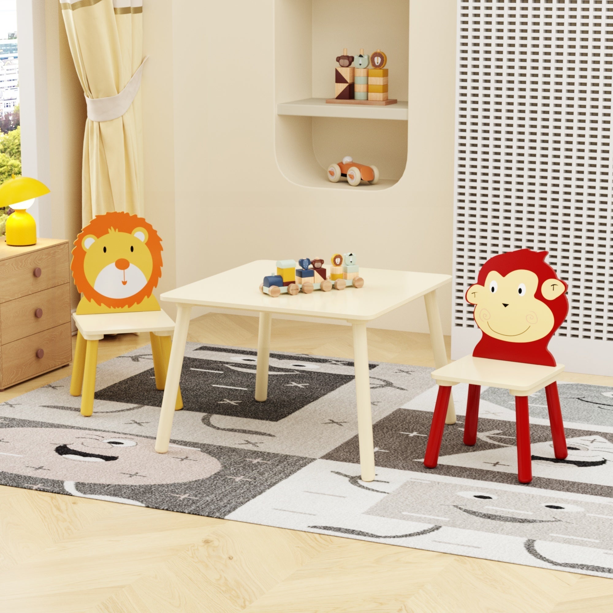 Lion & Monkey Wooden Activity Play Table Set for Kids, 3-Piece Toddler Table and Chair Set in Yellow & Red, Solid Wood & MDF,