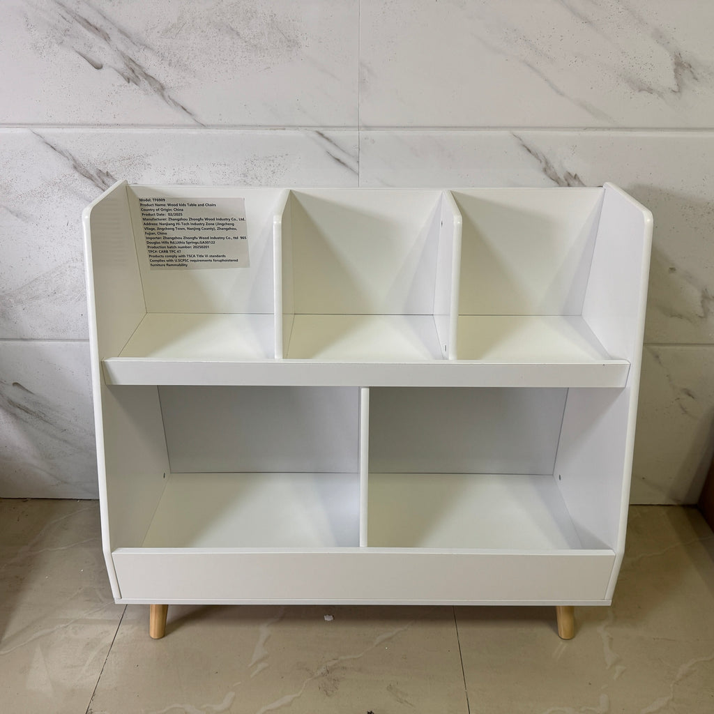 Modern Kids Bookshelf and Toy Organizer with 5 Cubbies, 2-Tier Wooden Open Bookcase, White MDF and Pine Legs - Grand Goldman