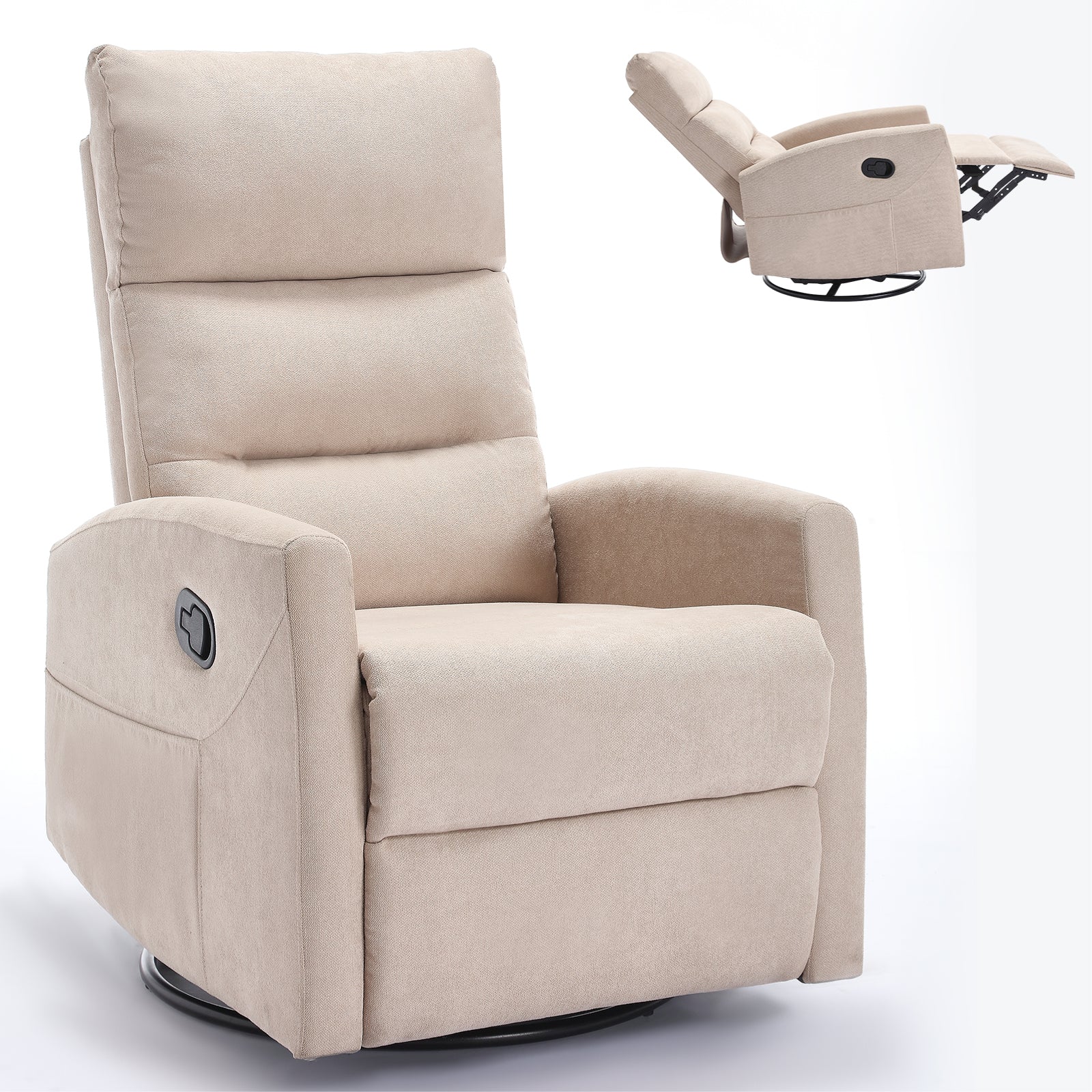 Manual Recliner Chair with Rocker and Swivel in Fabric for Living Room, Beige - Grand Goldman Shop