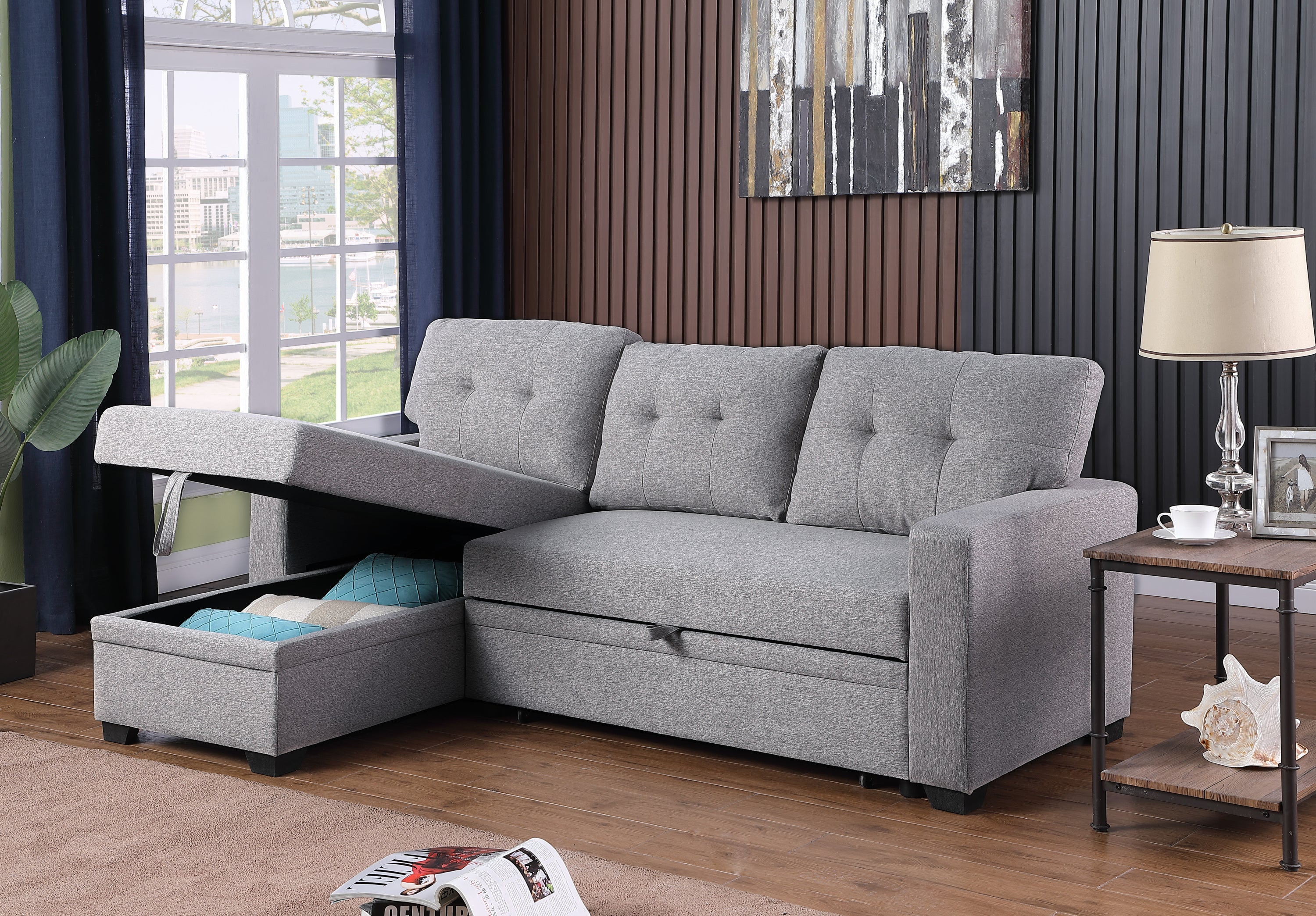 Upholstered Pull out Sectional Sofa with Chaise - Grand Goldman Shop