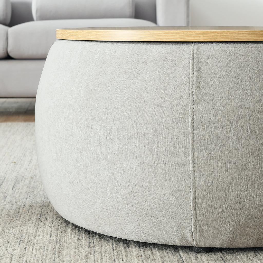 Light Grey Round Storage Ottoman, 2 in 1 Function End Table and Ottoman with Small Seat, Eucalyptus Wood and Foam - Grand Goldman Shop