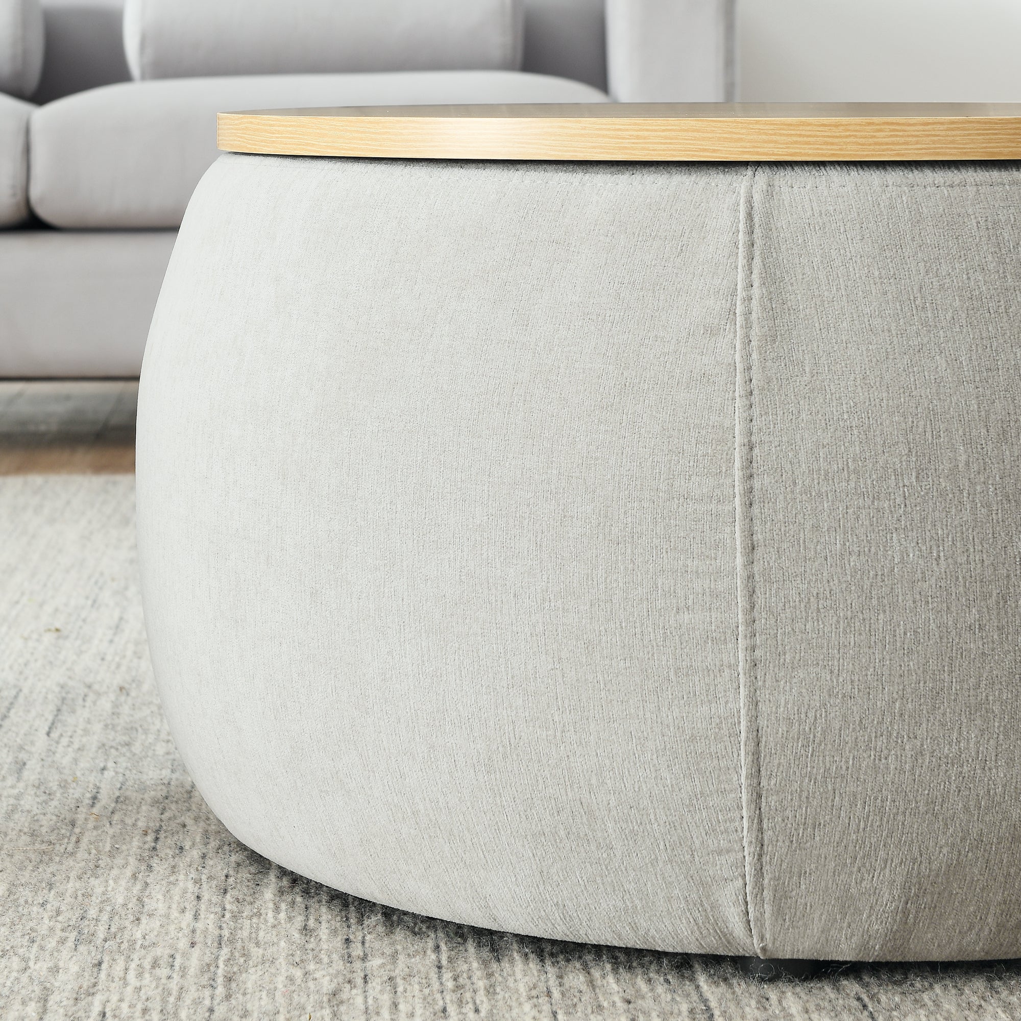 Light Grey Round Storage Ottoman, 2 in 1 Function End Table and Ottoman with Small Seat, Eucalyptus Wood and Foam - Grand Goldman Shop