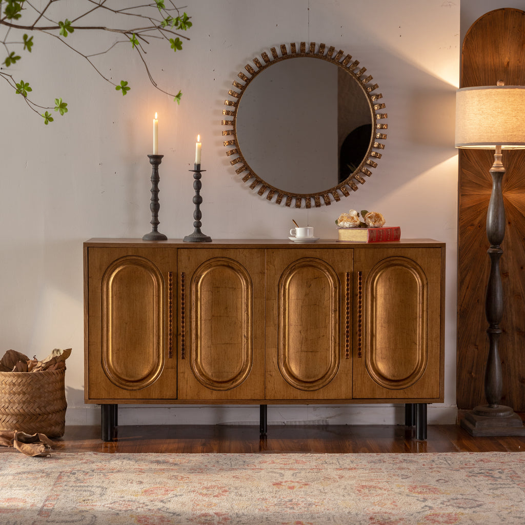 59.84' Gold-Toned 4-Door Sideboard Buffet Cabinet - Solid Wood & MDF Arched Door Storage Console Table for Dining Room/Living Room - Grand Goldman Shop