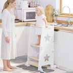 3-in-1 Toddler Kitchen Step Stool, Foldable Learning Standing Tower with Blackboard, Wooden Kitchen Stool Helper for Kids, 1-