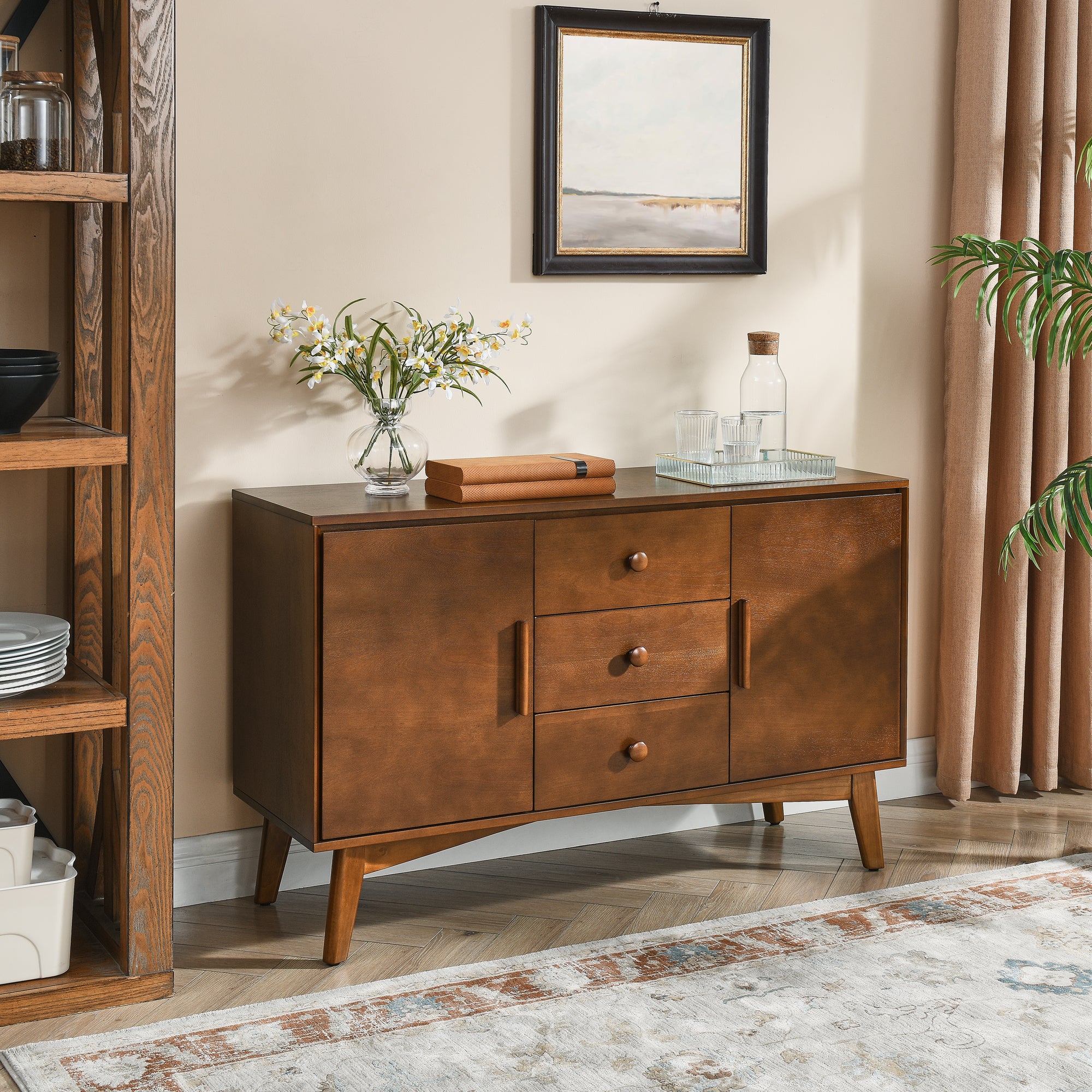 47.3' Mid Century Modern Sideboard Buffet Cabinet with Storage, Storage Cabinet with 2 Doors and 3 Drawers for Kitchen Dining Living Room, Accent Console Table, Walnut - Grand Goldman Shop