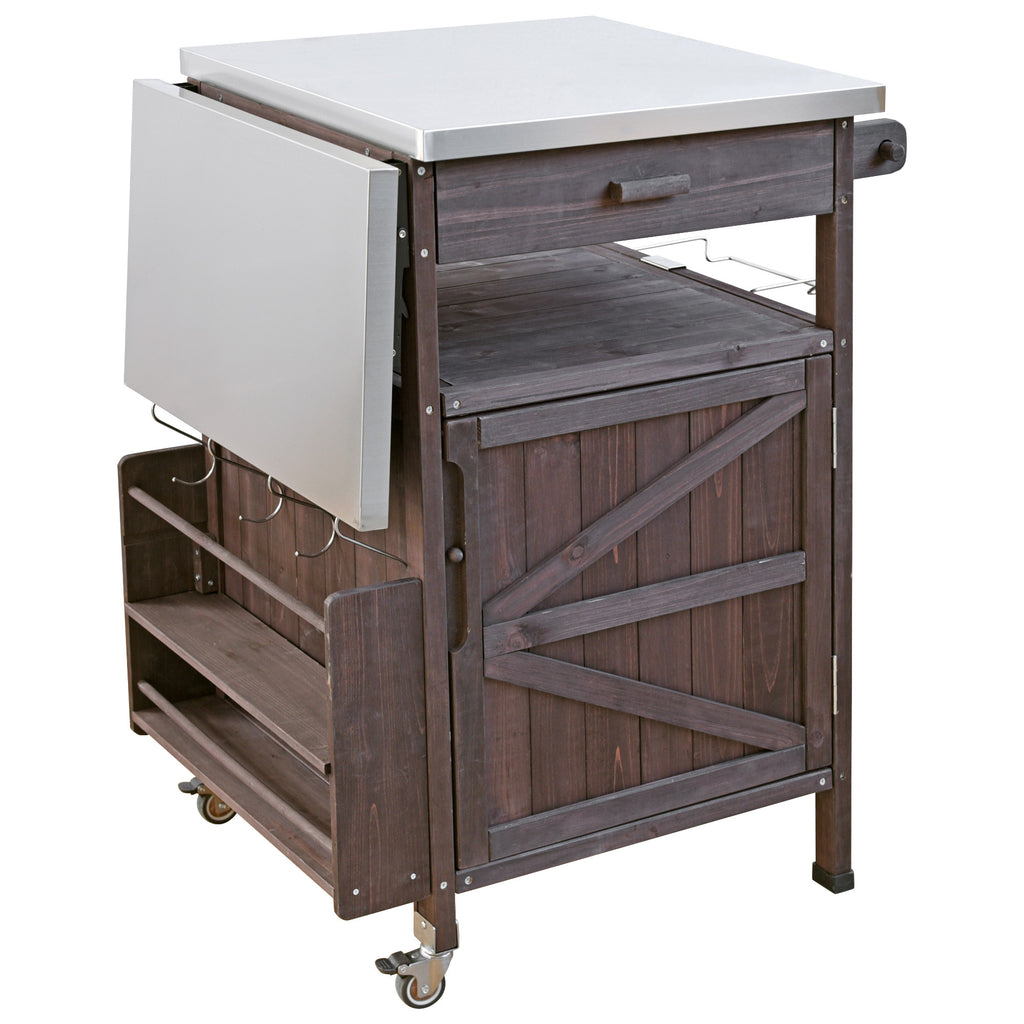 K&K 40.5' Outdoor Grill Cart with Stainless Steel Top, Solid Wood Outdoor Storage Cabinet with Drop Leaf, One Drawer, Towel Rack, Rolling Kitchen Cart with Lockable Wheels for Lawn Garden, Brown - Grand Goldman Shop