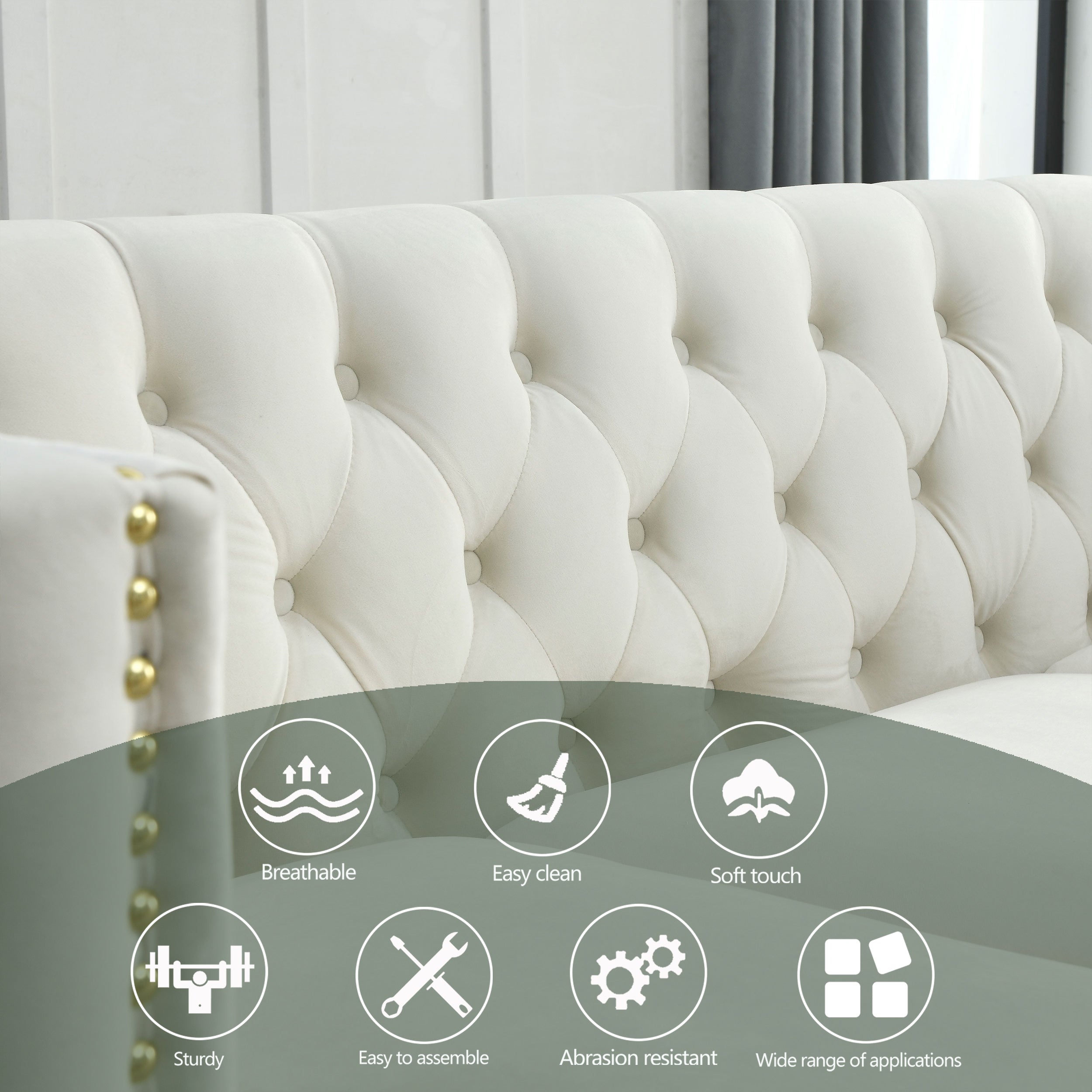 Modern Velvet Sofa with Button Tufting and Metal Legs, Beige Upholstered Couch for Living Room or Bedroom, 3-Seater, W834S00023 - Grand Goldman Shop