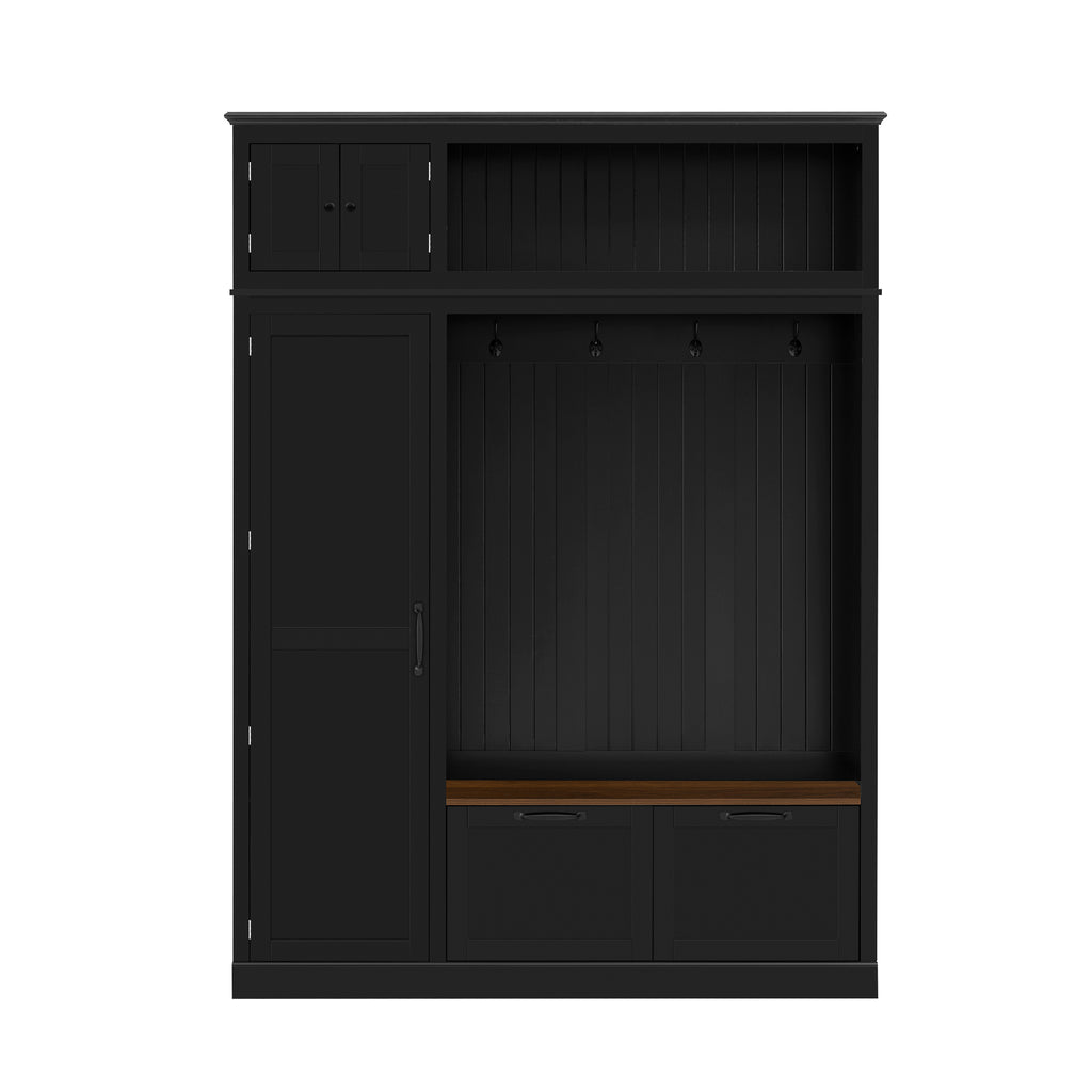 3-in-1 Hall Tree with Overhead Storage Cabinet, 3 Adjustable Side Shelves, 4 Heavy-Duty Hooks, 2 Spacious Drawers, Grooved Back Panel Design, Contrasting Seat Bench, Multifunctional Entryway Organizer - Grand Goldman Shop
