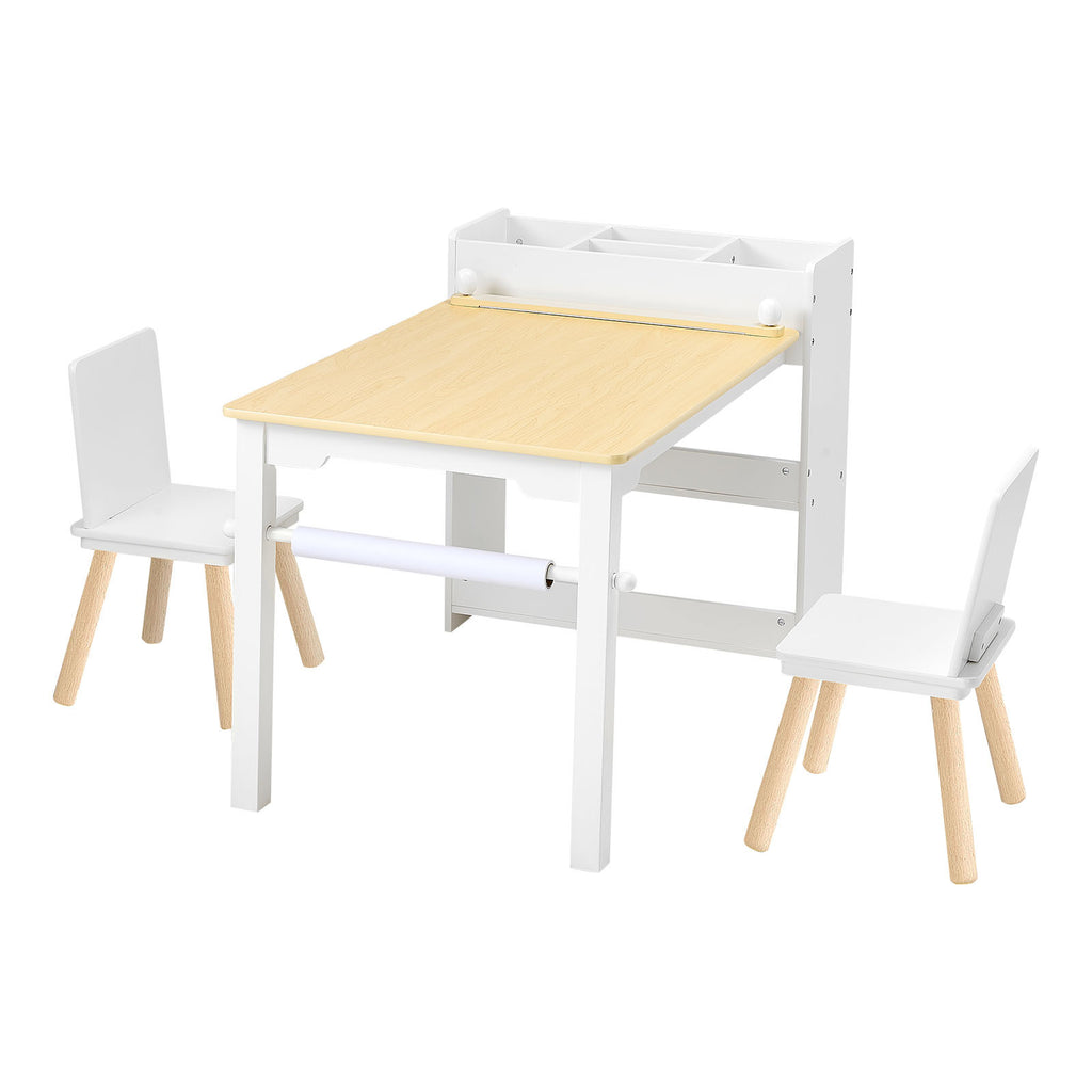 Kids Art Table and Chair Set, Toddler Craft Table with 3 Tiers Storage Cabinet, Wooden Kids Activity Play Desk with 2 Chairs,