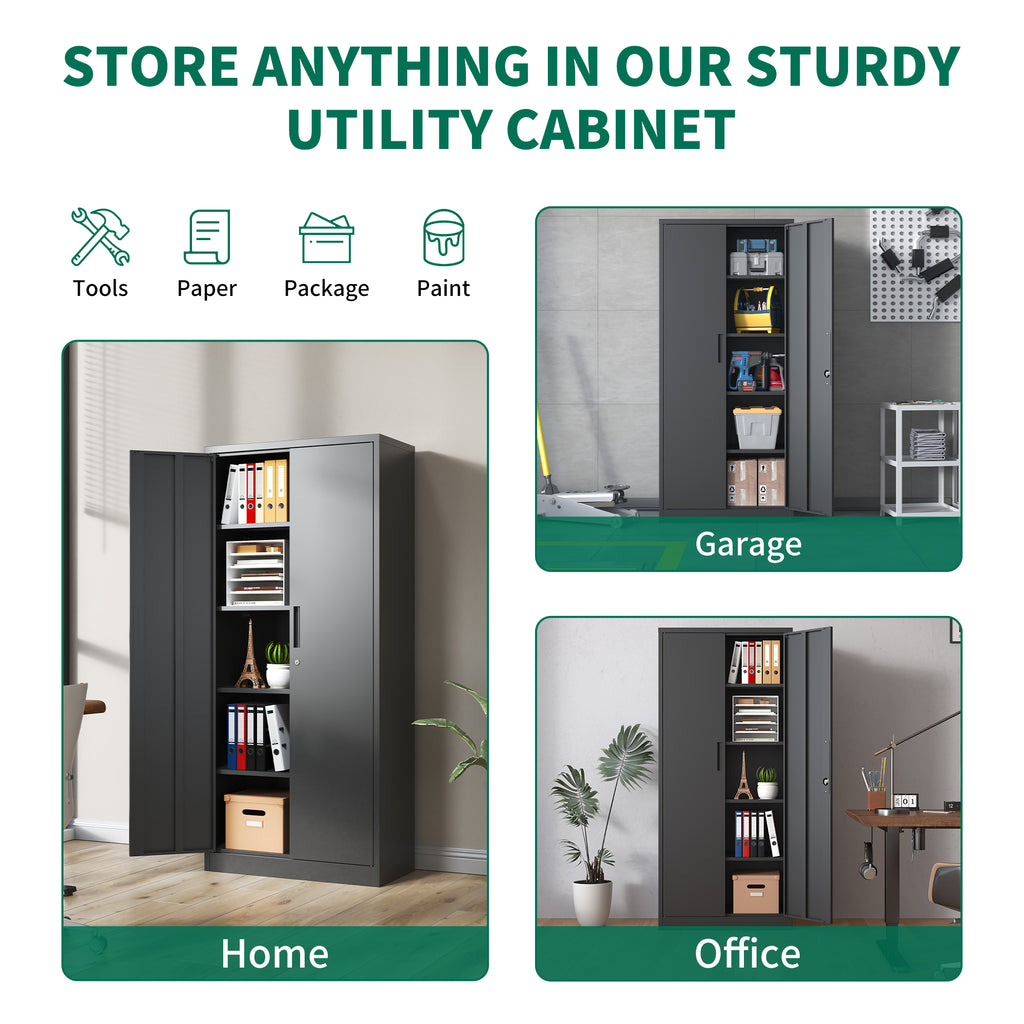 Heavy Metal 72'H Garage Storage Cabinet with Locking Doors, Black Steel, Adjustable Shelves - Grand Goldman