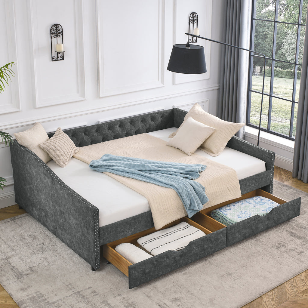 Mid-Century Grey Upholstered Tufted Daybed with Drawers and Copper Nail Trim, Queen Size (84.5'x63.5'x26.5') - Grand Goldman Shop