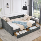 Mid-Century Grey Upholstered Tufted Daybed with Drawers and Copper Nail Trim, Queen Size (84.5'x63.5'x26.5') - Grand Goldman Shop
